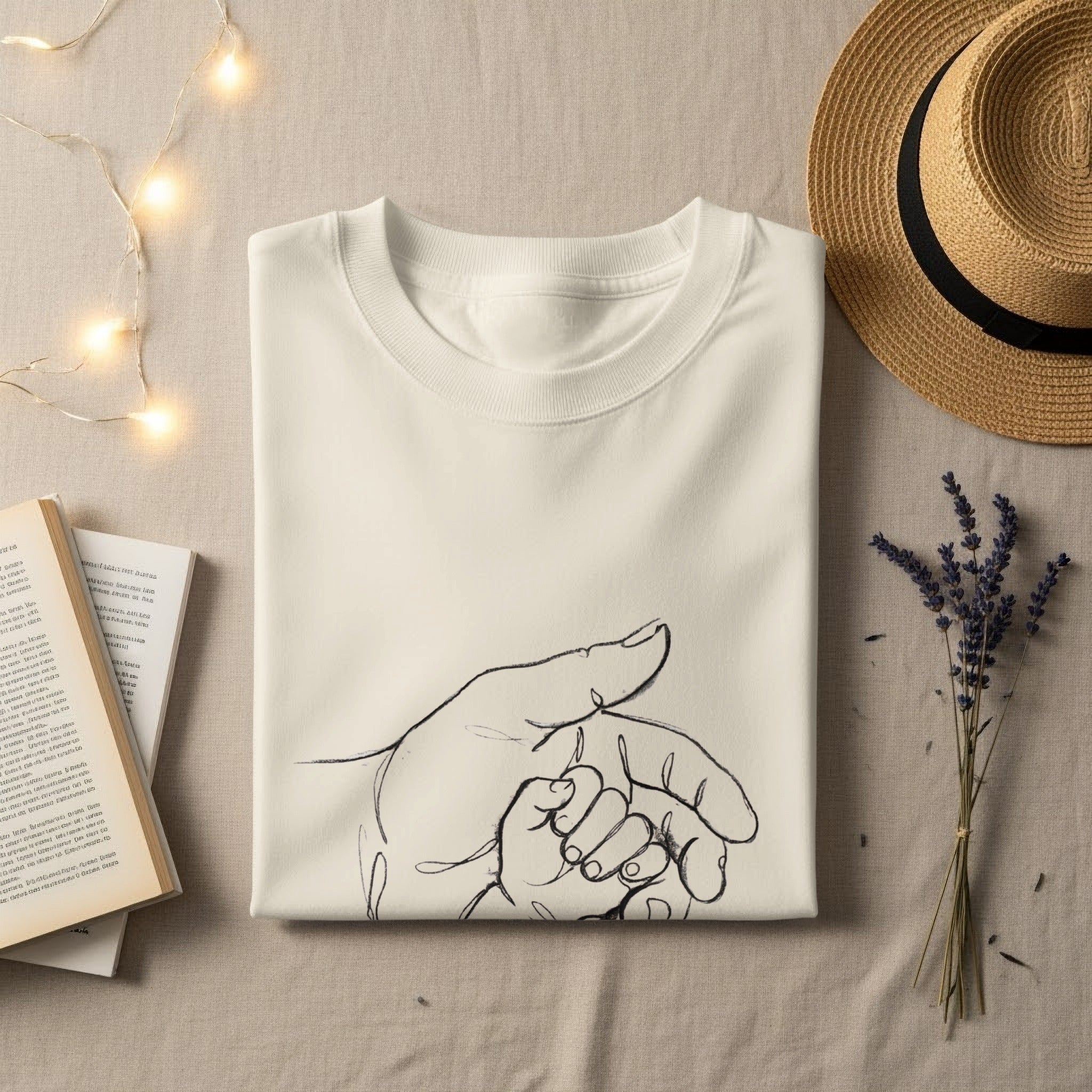 Cream t-shirt with line art of adult hand holding baby hand.