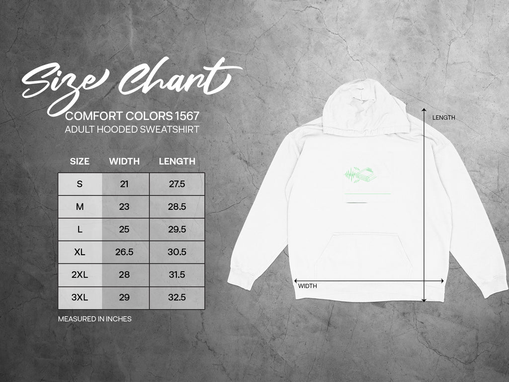Comfort Colors 1567 adult hooded sweatshirt size chart with measurements in inches.