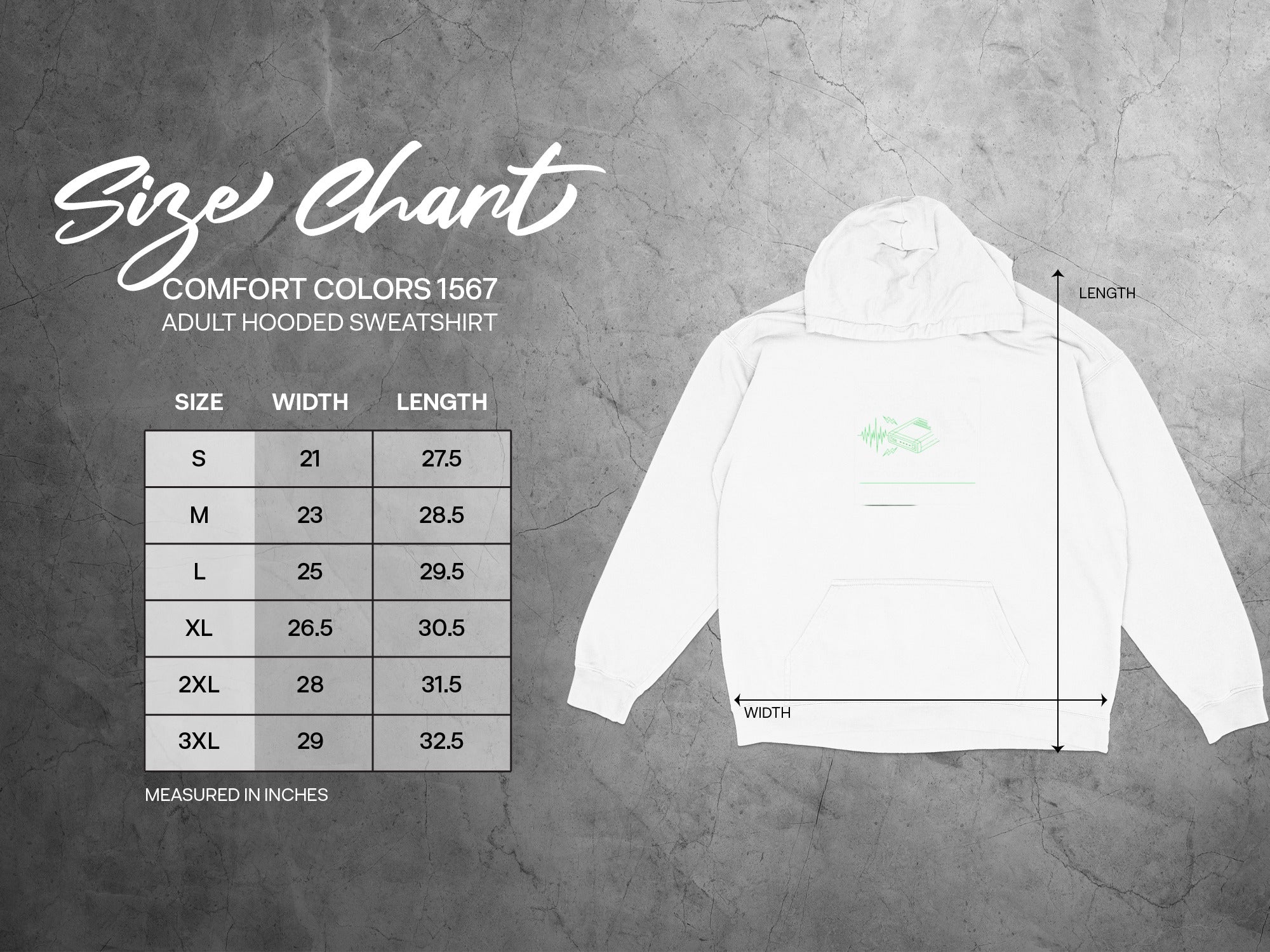 Comfort Colors 1567 adult hooded sweatshirt size chart with measurements in inches.