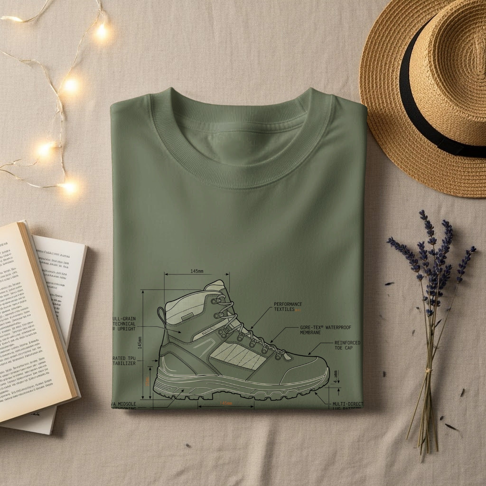 Olive green t-shirt displaying a technical diagram of a hiking boot.
