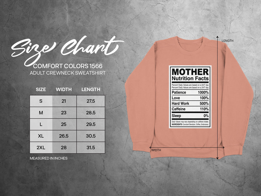Comfort Colors 1566 size chart with nutrition facts label for sweatshirt.