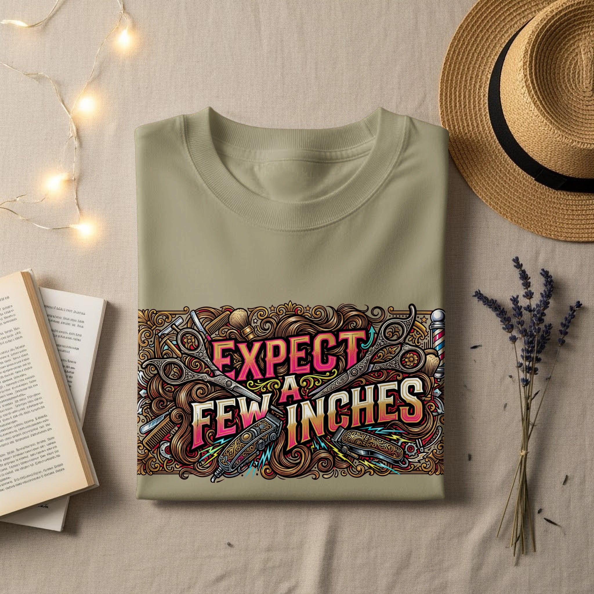 T-shirt with "EXPECT FEW INCHES" and barber tools graphic.