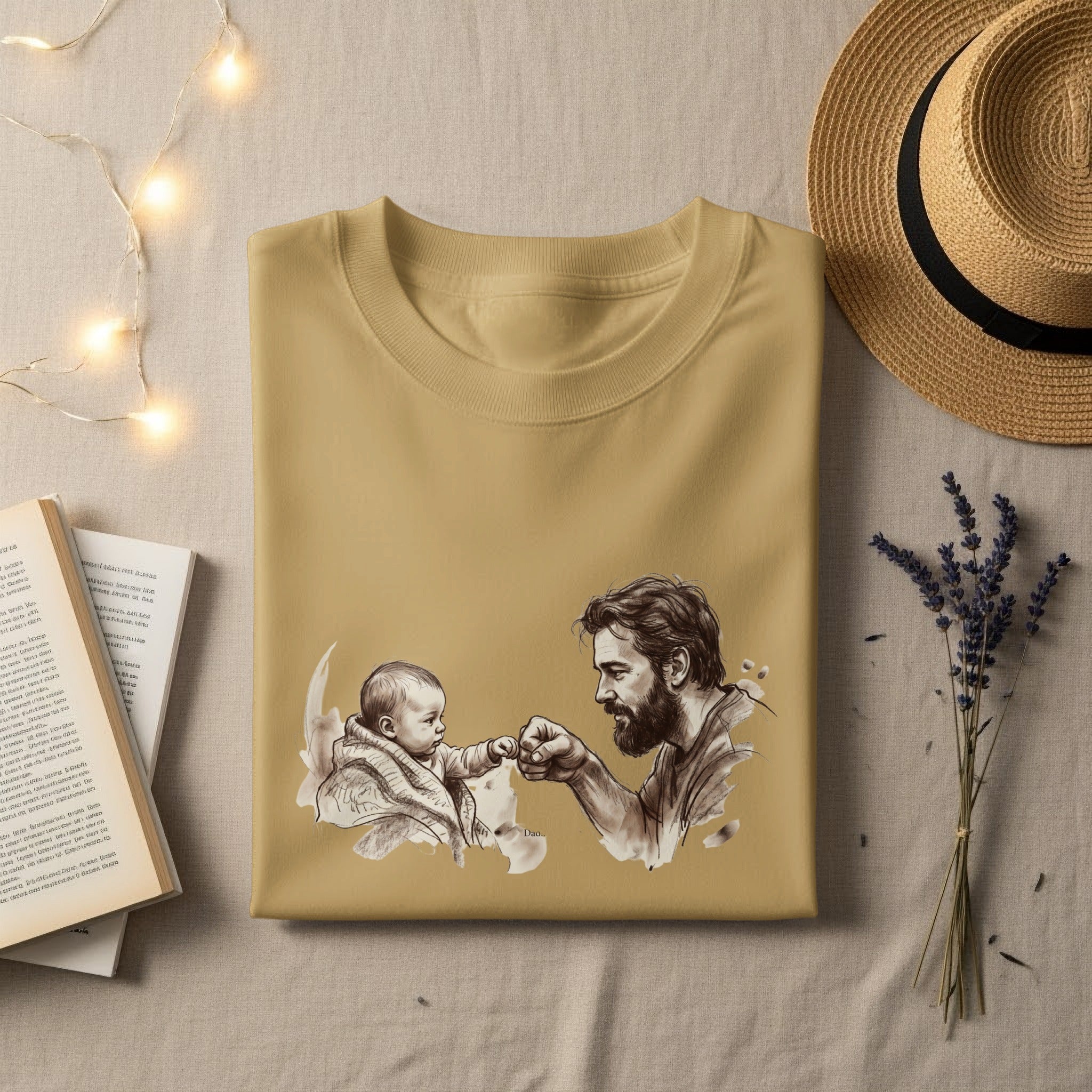 Dad and baby fist bump illustration on a tan t-shirt.
