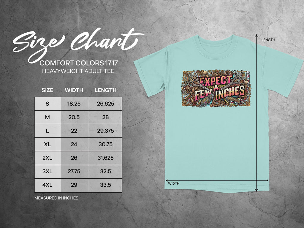 Comfort Colors 1717 heavyweight adult tee size chart with measurements.