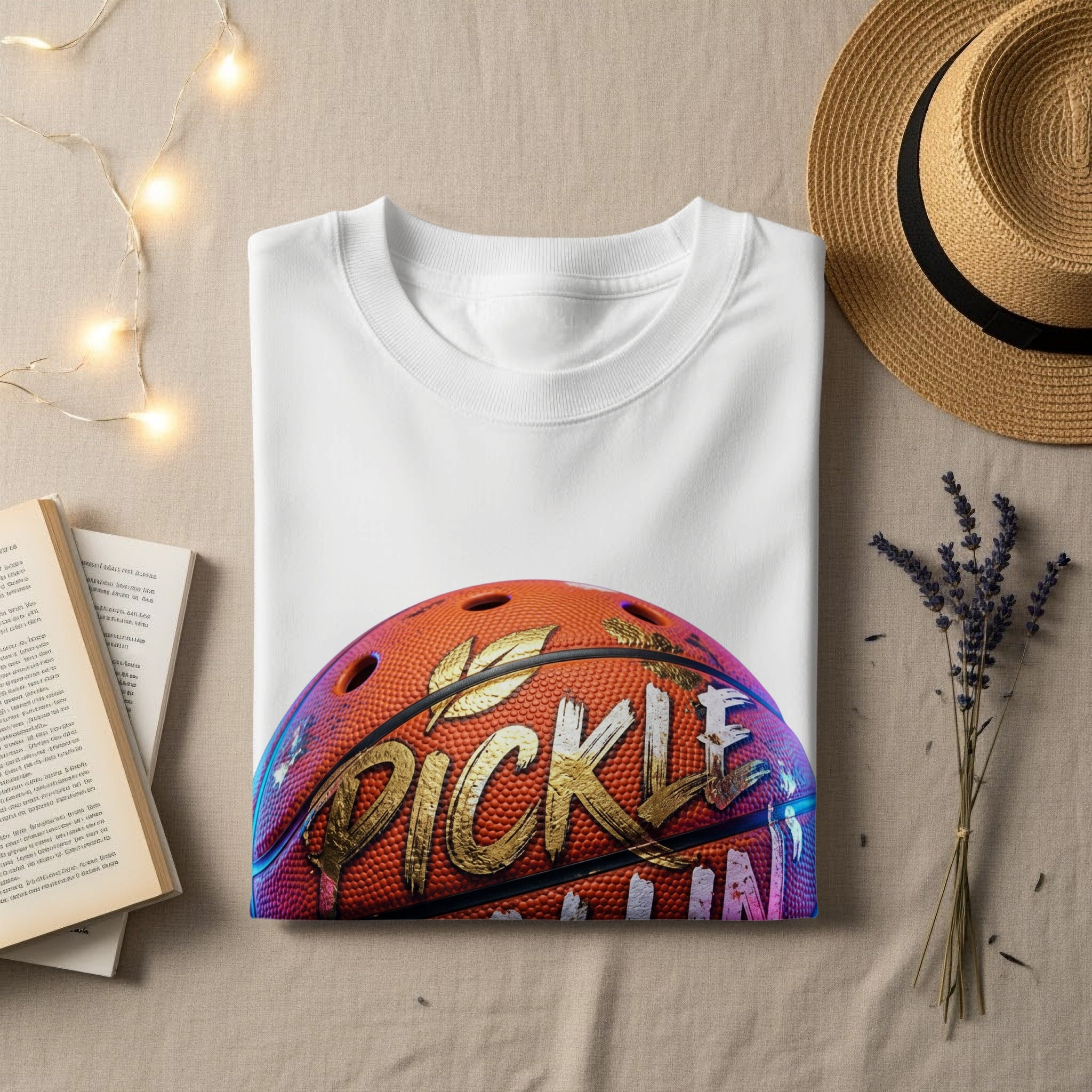 White t-shirt with pickleball graphic, hat, and lavender sprigs.