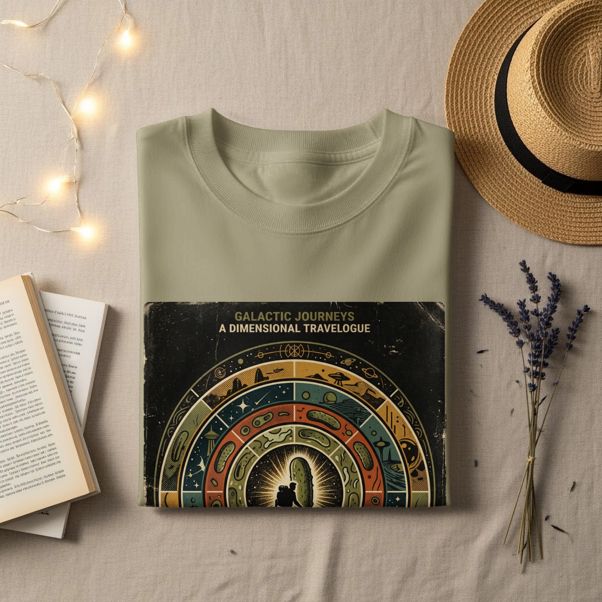 Galactic Journeys: A Dimensional Travelogue book lays on a light olive t-shirt.