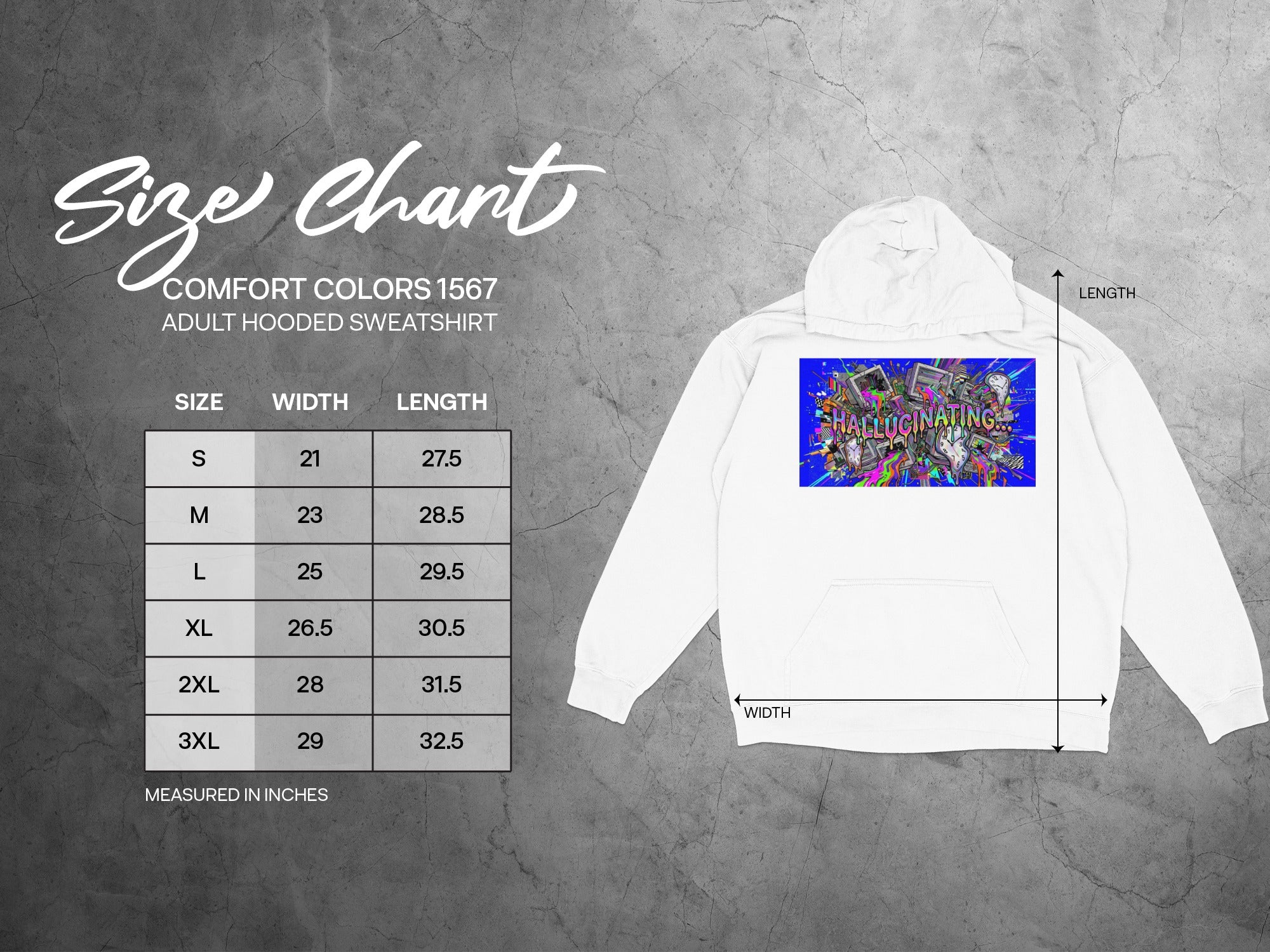 Comfort Colors 1567 adult hooded sweatshirt size chart with width and length measurements.