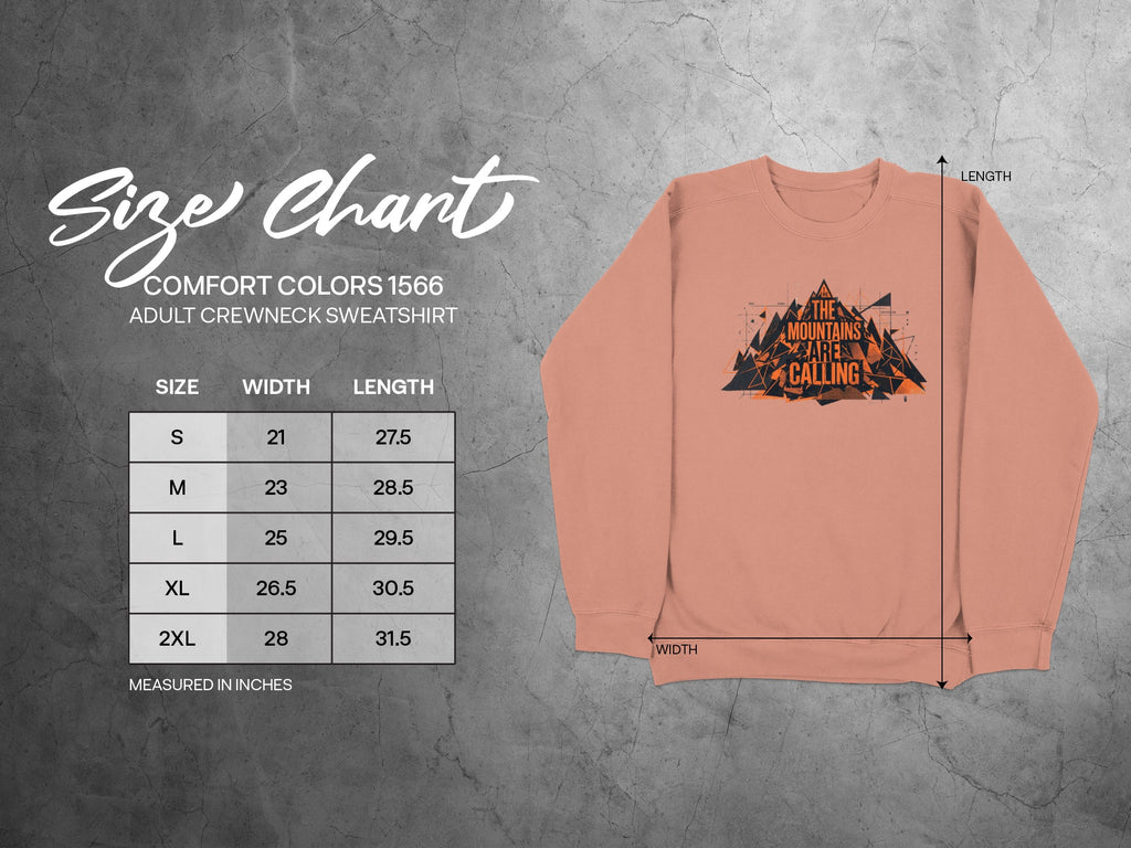 Peach crewneck sweatshirt with "The mountains are calling" graphic, shown with size chart.