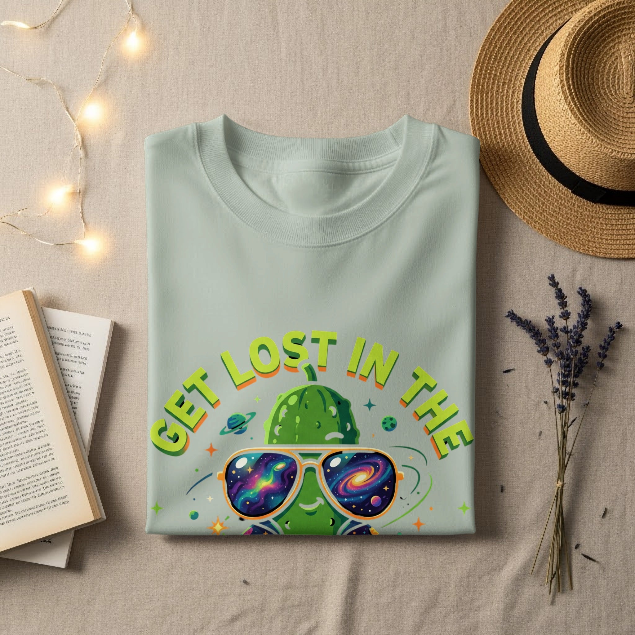 Mint green t-shirt with "Get Lost in the" galaxy-themed pickle graphic.