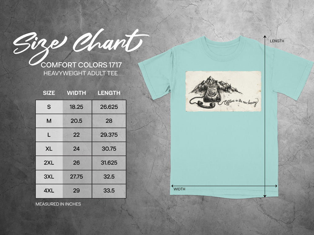 Size chart for Comfort Colors heavyweight adult tee with measurements in inches.