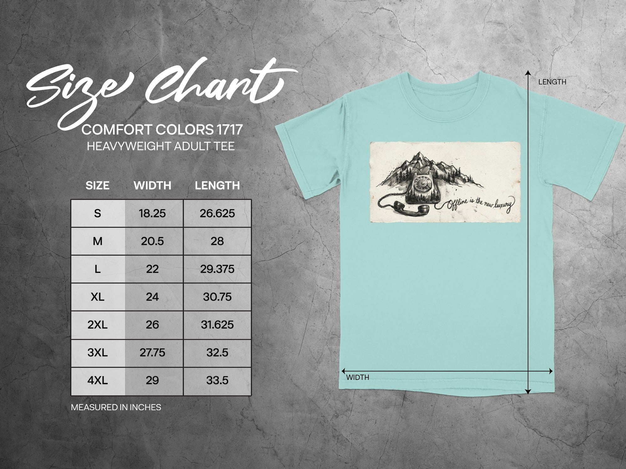 Size chart for Comfort Colors heavyweight adult tee with measurements in inches.