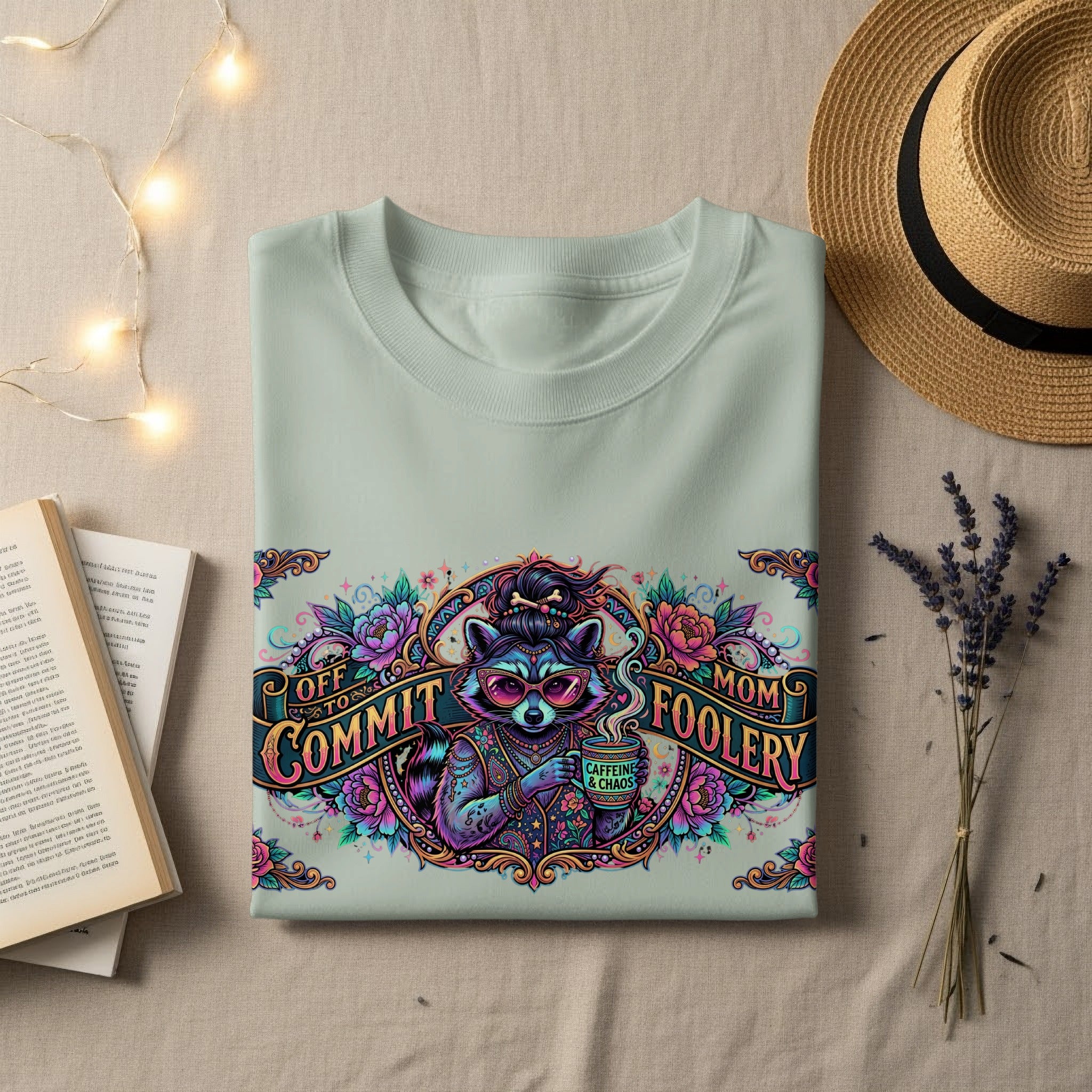 Light green t-shirt with raccoon graphic reading "Off to Commit Mom Foolery Caffeine & Chaos".