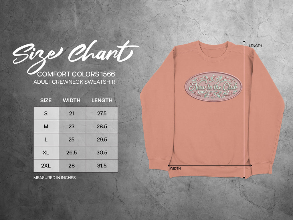 Comfort Colors 1566 adult crewneck sweatshirt size chart in inches.