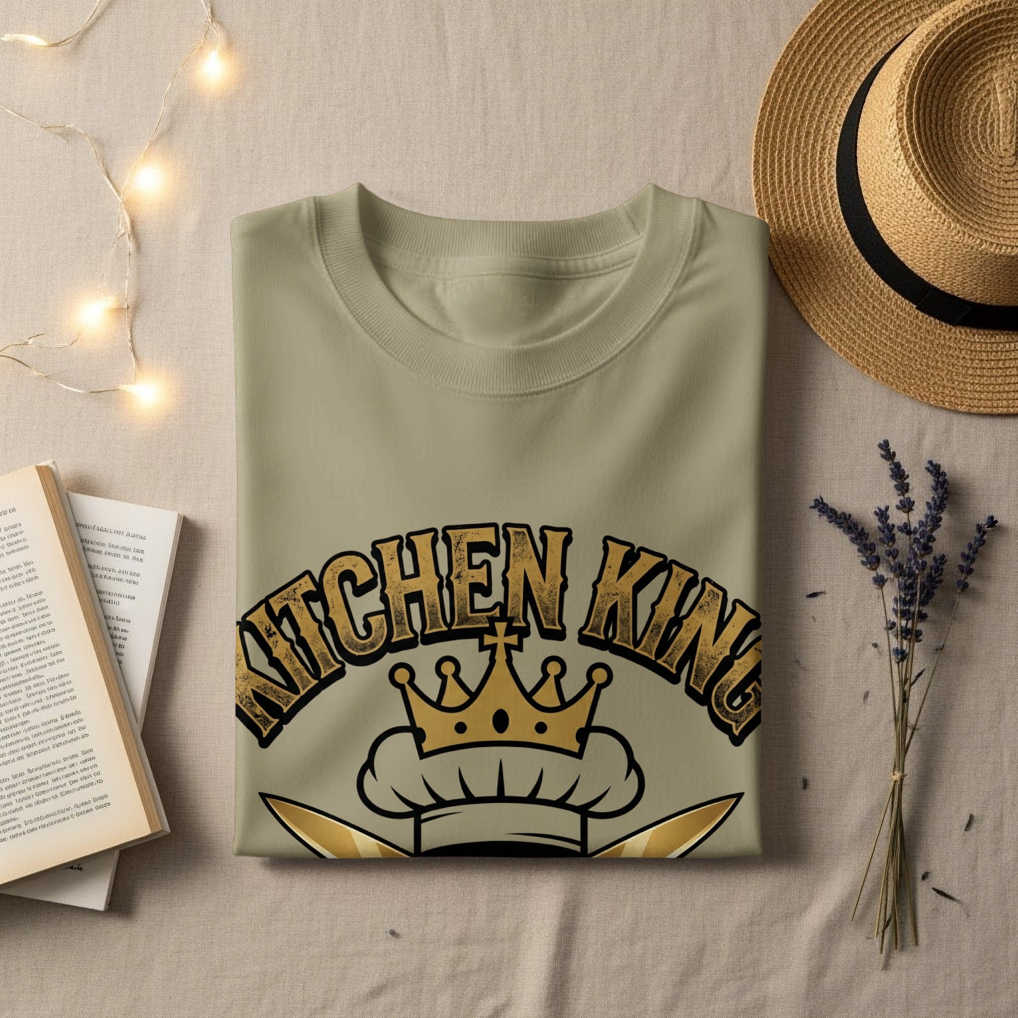 Khaki t-shirt with "KITCHEN KING" text and crown graphic.