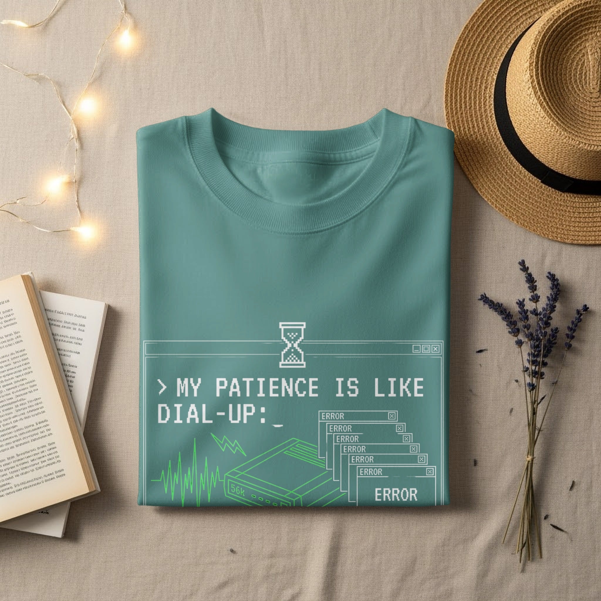 Teal t-shirt with "MY PATIENCE IS LIKE DIAL-UP:" and multiple error messages.