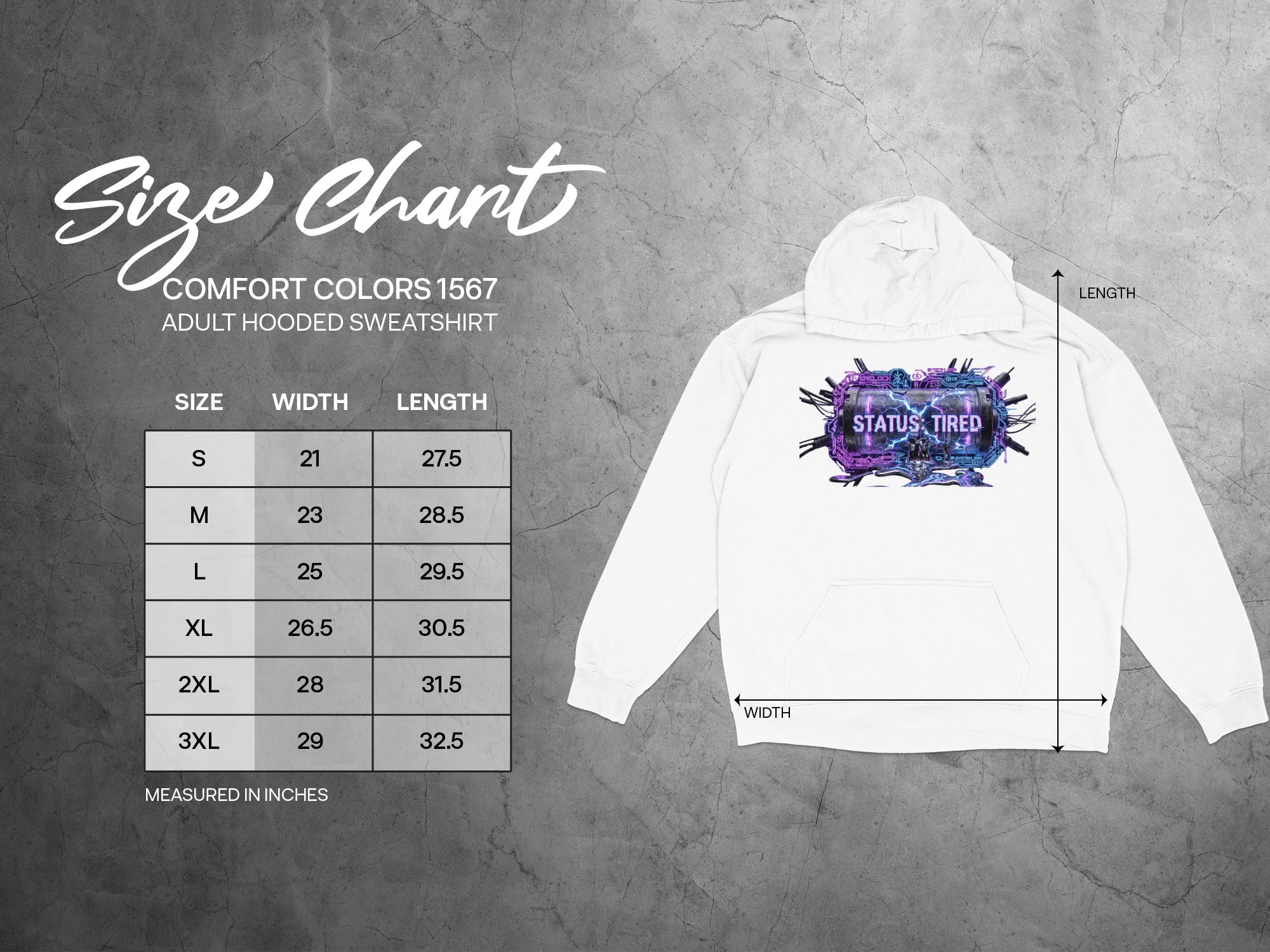 Comfort Colors 1567 adult hooded sweatshirt size chart with width and length in inches.