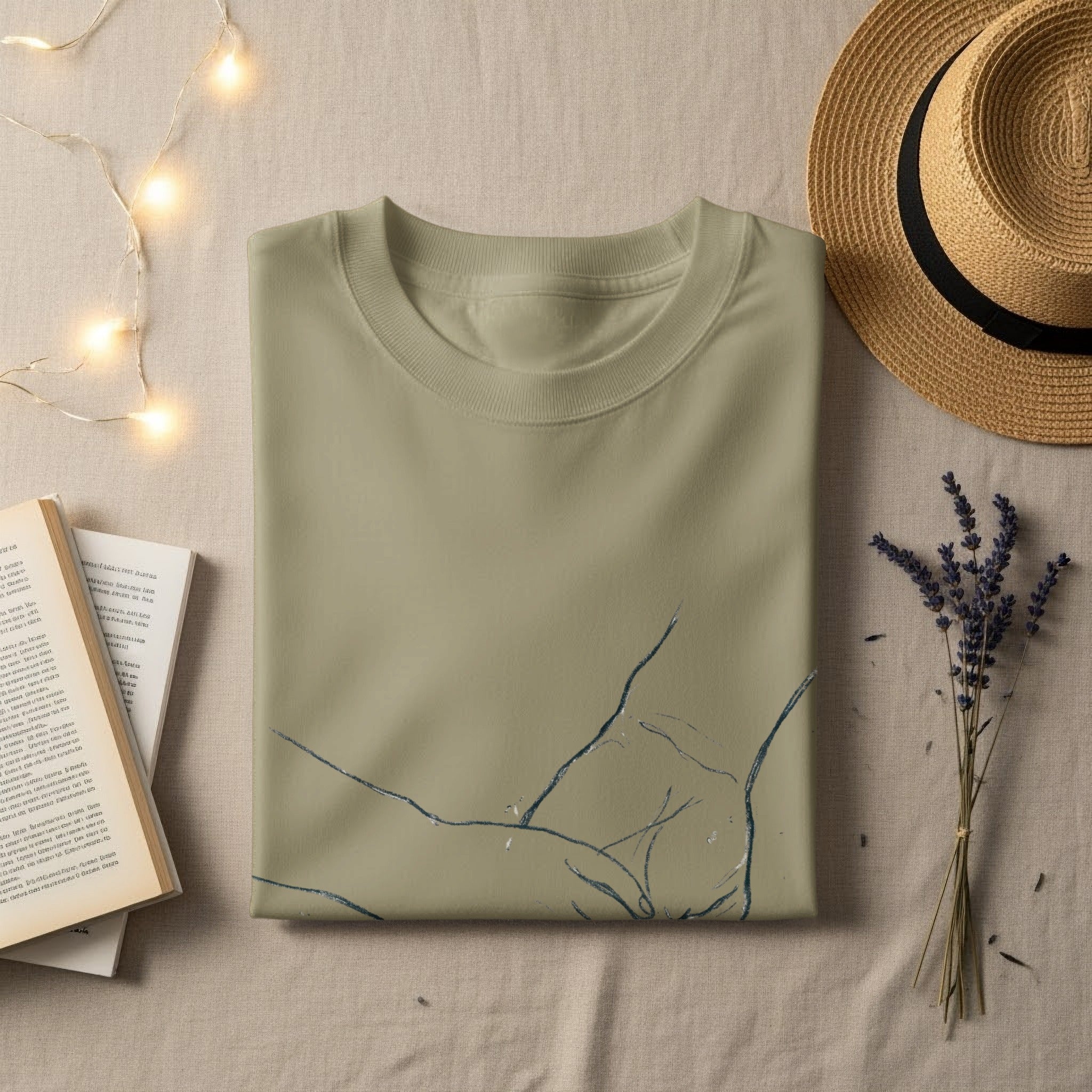 Olive green t-shirt with abstract line art on a textured surface.