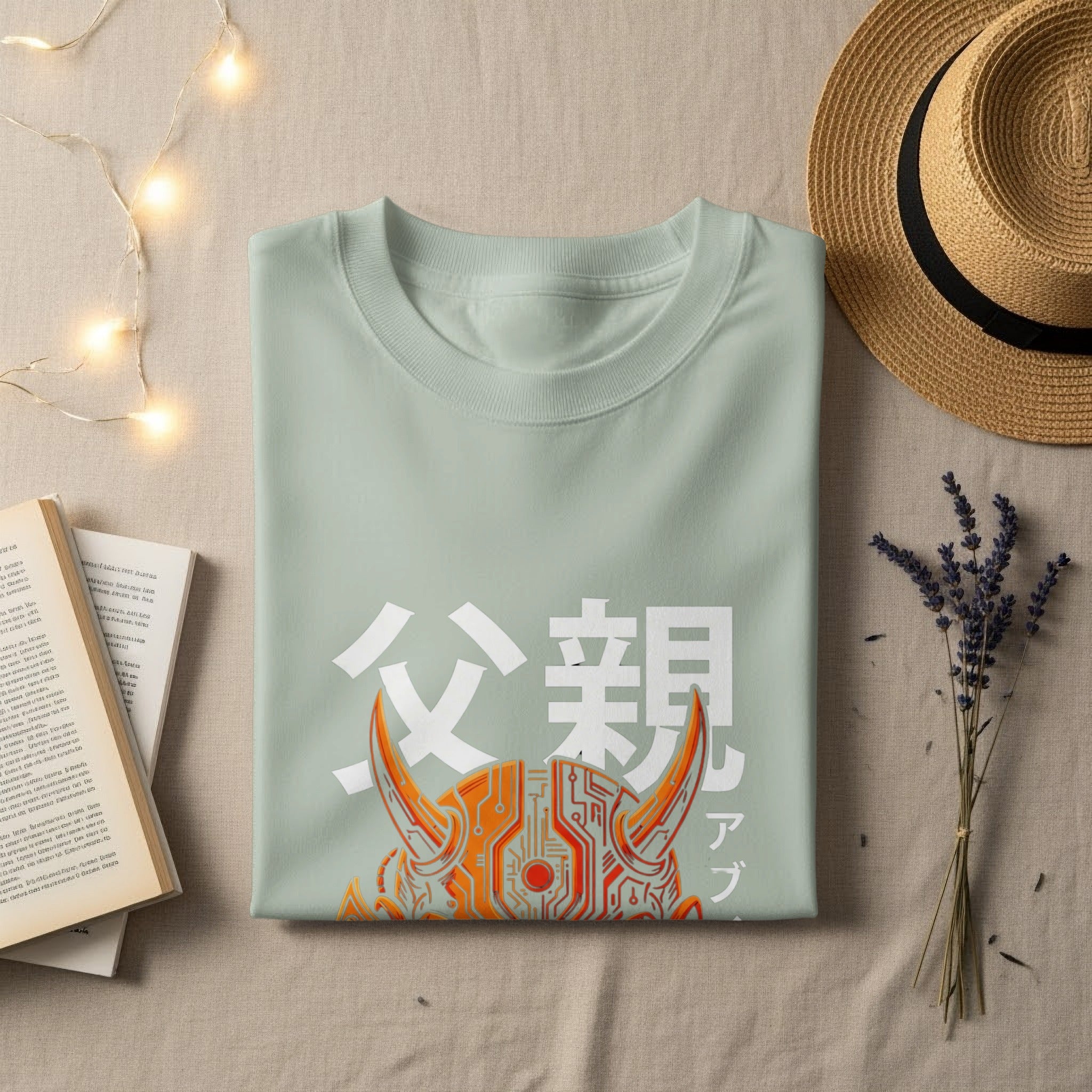 Light green t-shirt with orange circuit pattern and Japanese text.