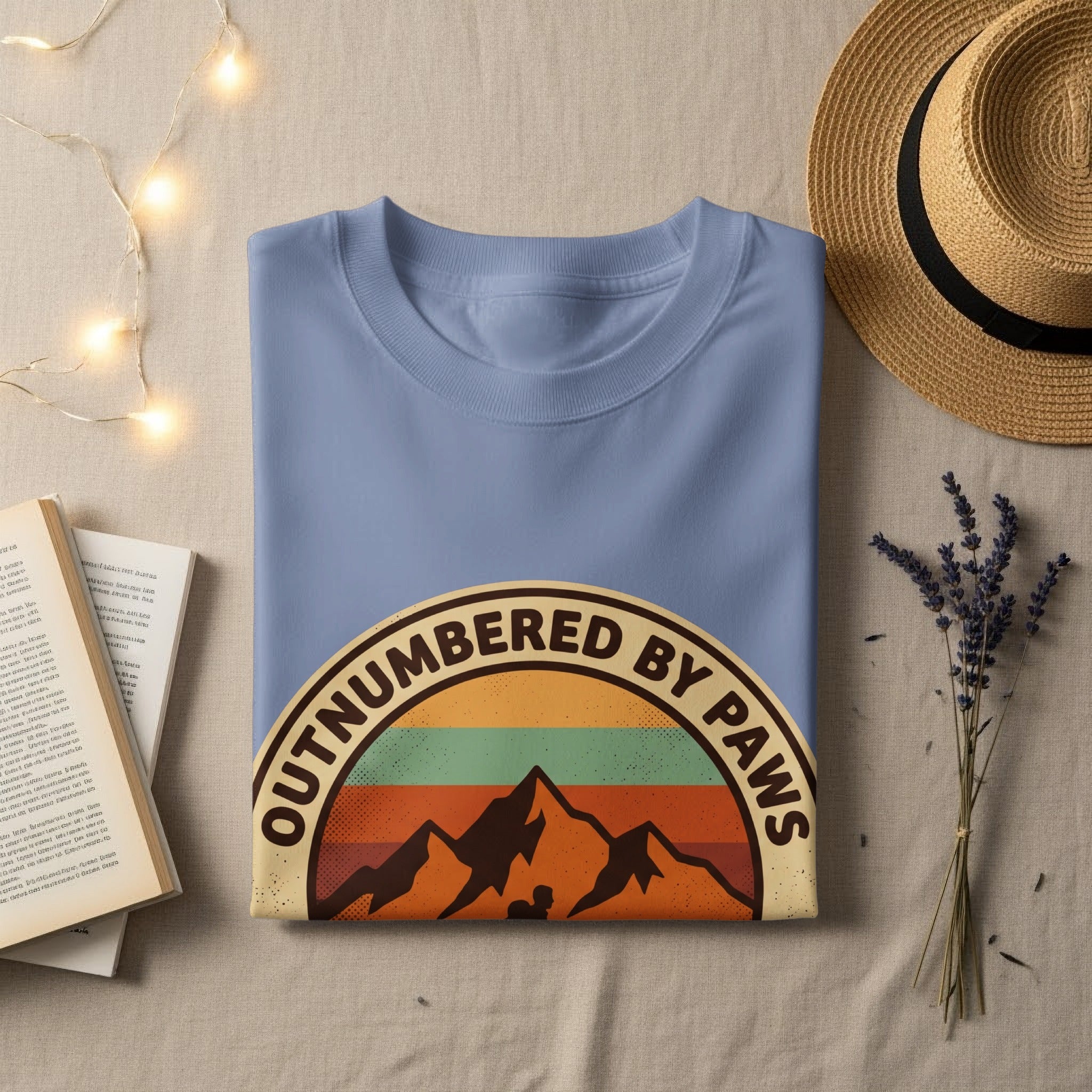 Light blue t-shirt with "OUTNUMBERED BY PAWS" vintage mountain graphic.