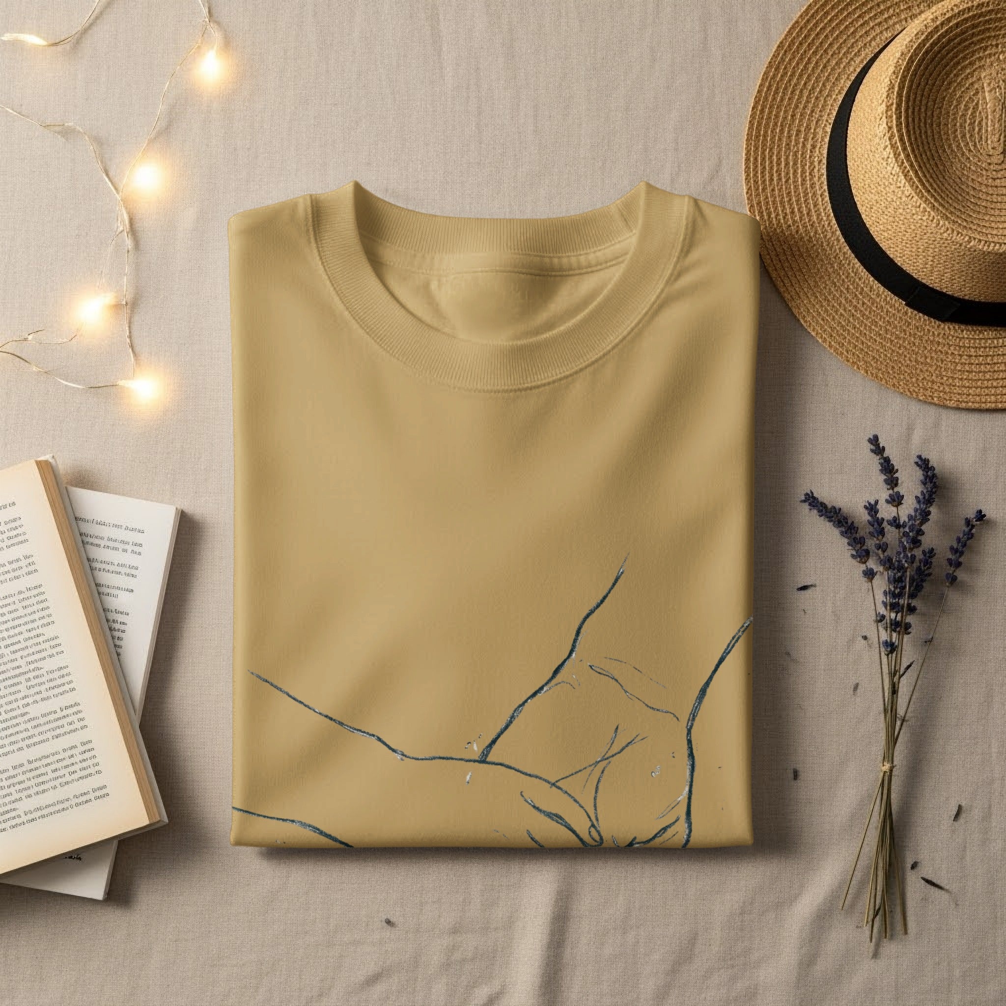 Light tan t-shirt with abstract line art, laid flat with straw hat and book.