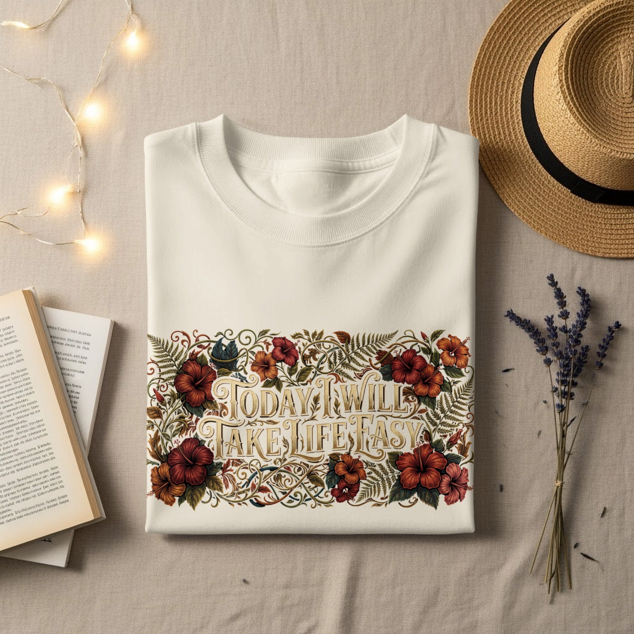 White graphic t-shirt with floral design and text "Today will take life easy".