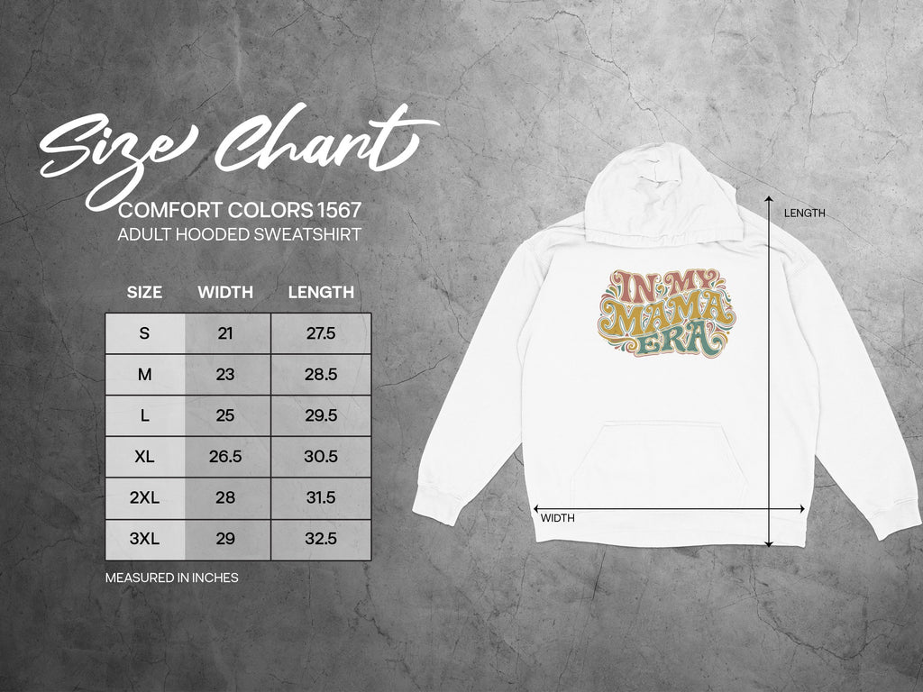 Comfort Colors 1567 adult hooded sweatshirt size chart, width, and length.