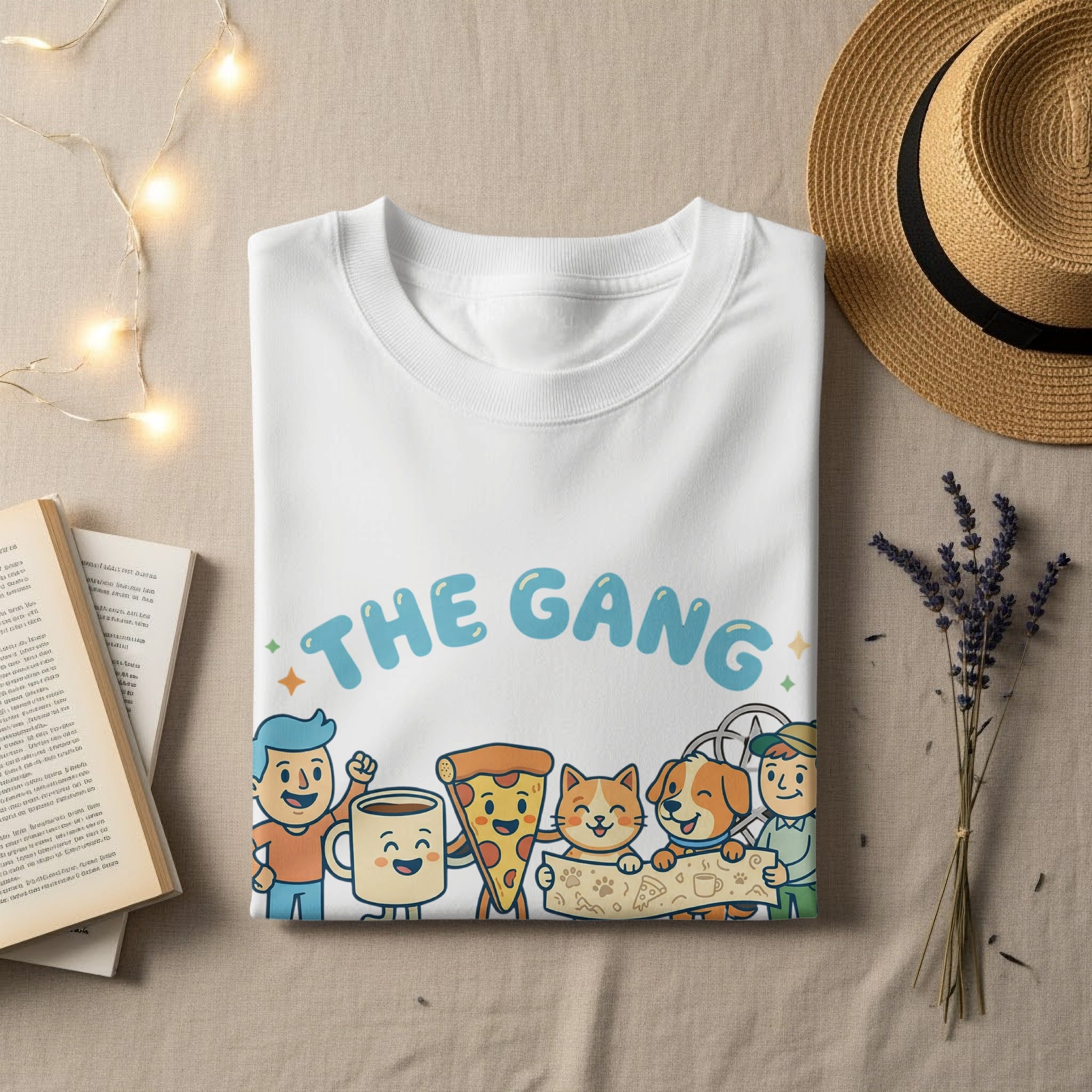 White t-shirt with "THE GANG" and cartoon characters of a mug, pizza, cat, and dog.