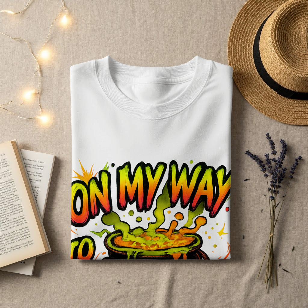 White t-shirt with "ON MY WAY" text and bubbling cauldron graphic.