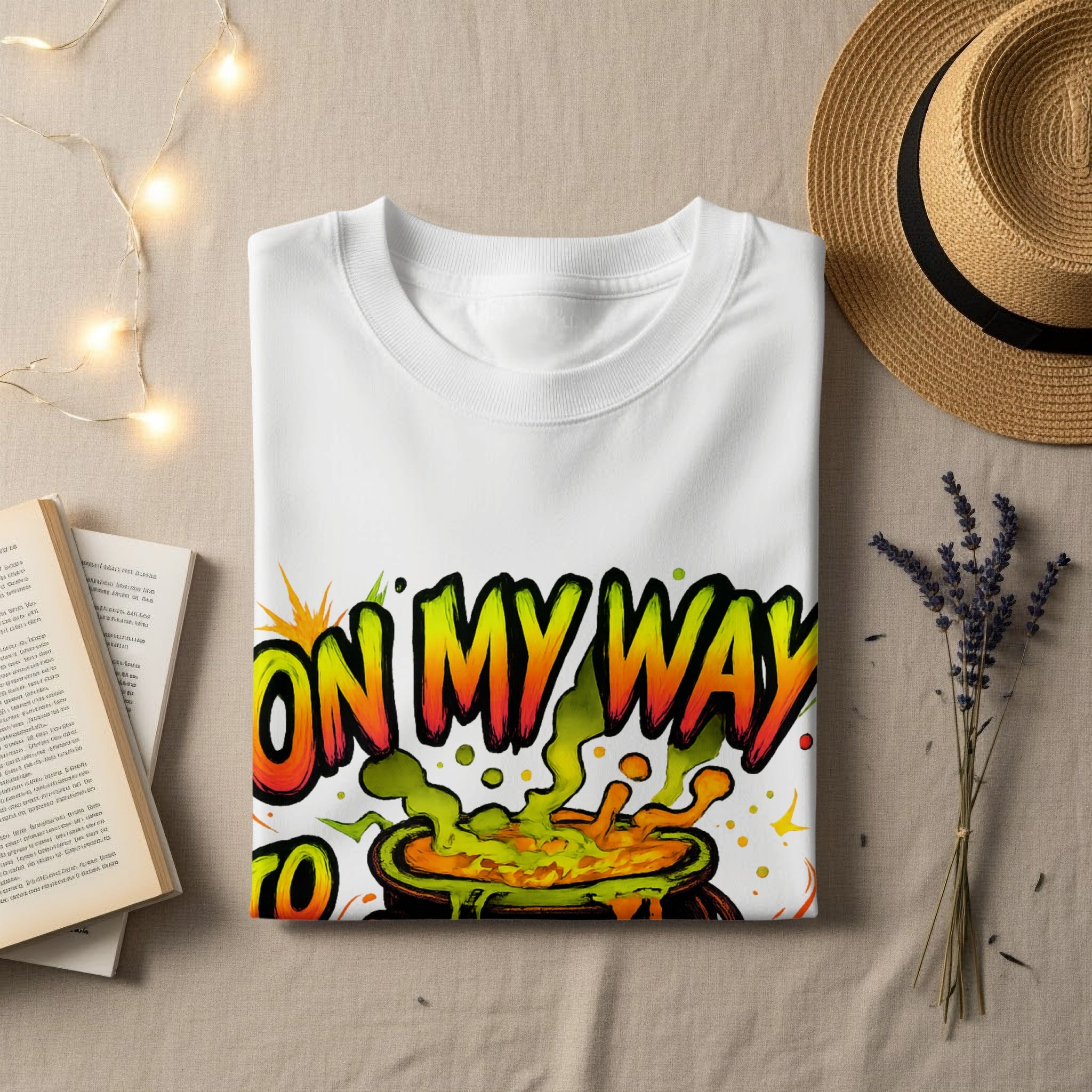 White t-shirt with "ON MY WAY" text and bubbling cauldron graphic.