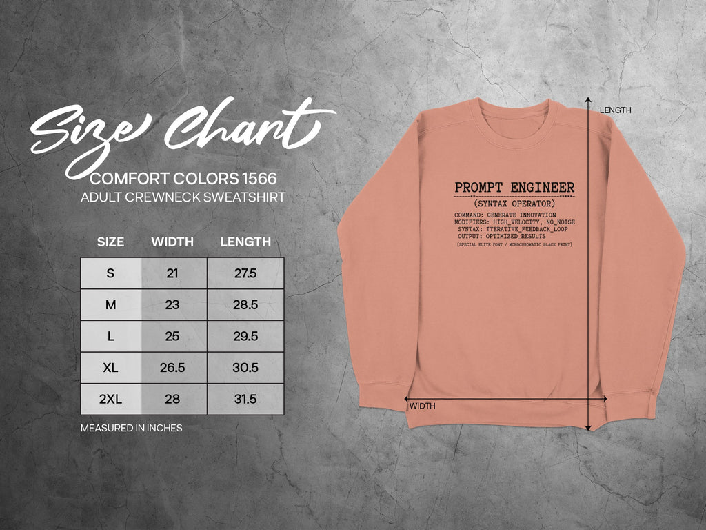 Comfort Colors 1566 adult crewneck sweatshirt size chart with "Prompt Engineer" graphic.