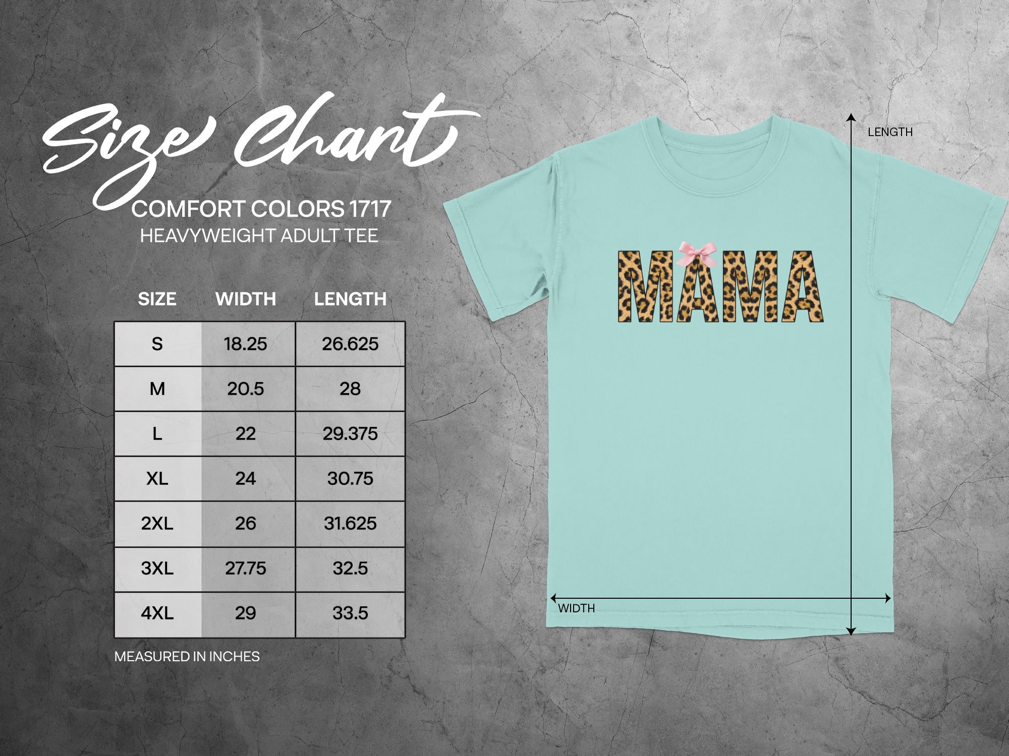 Size chart for Comfort Colors 1717 heavyweight adult tee with MAMA leopard print graphic.
