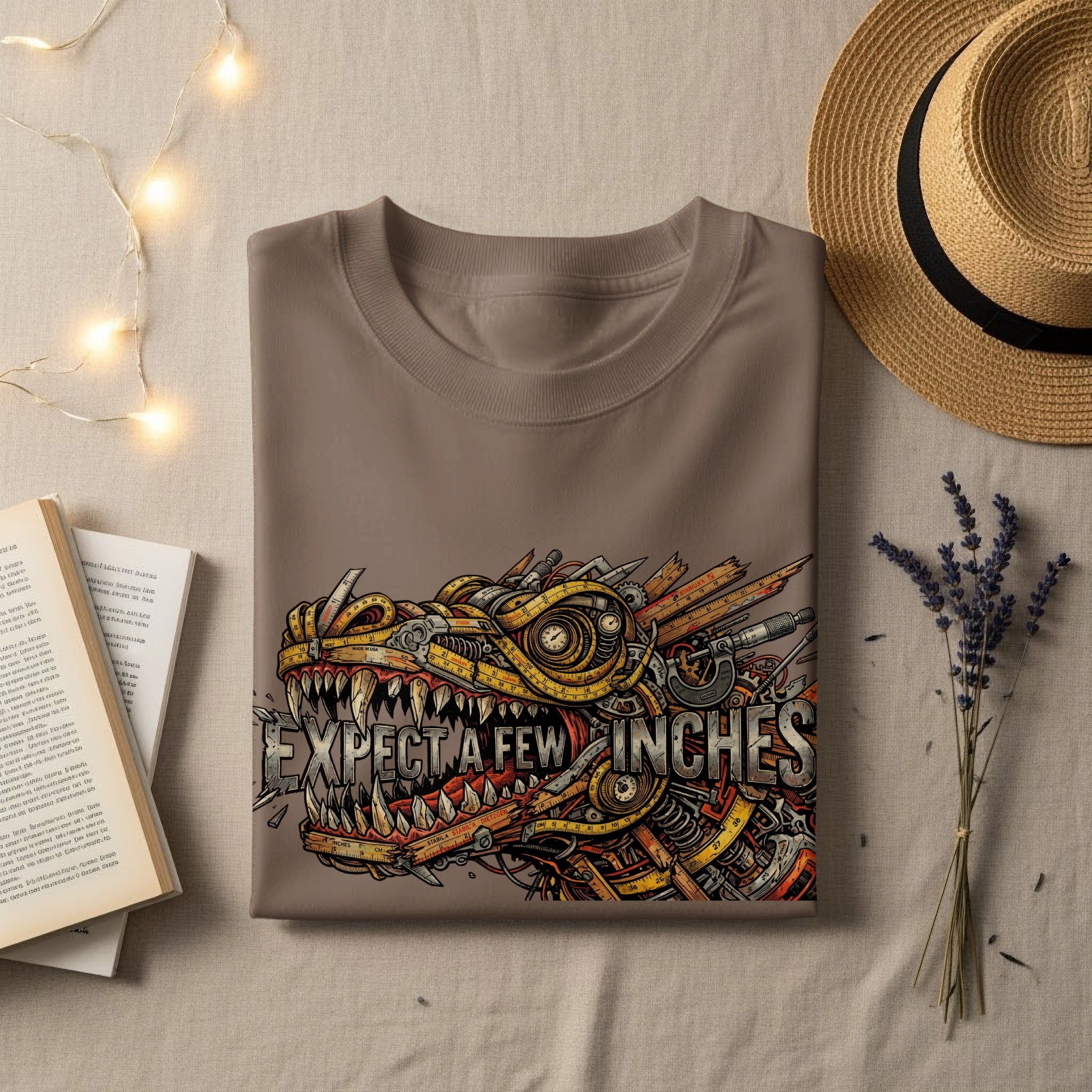 Brown t-shirt with a detailed dragon graphic and "EXPECT A FEW INCHES" text.