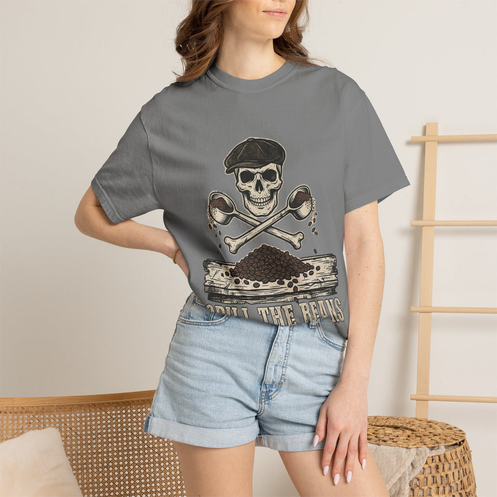 Skull & Spoons Coffee T-Shirt — "Spill the Beans" Vintage Café Tee