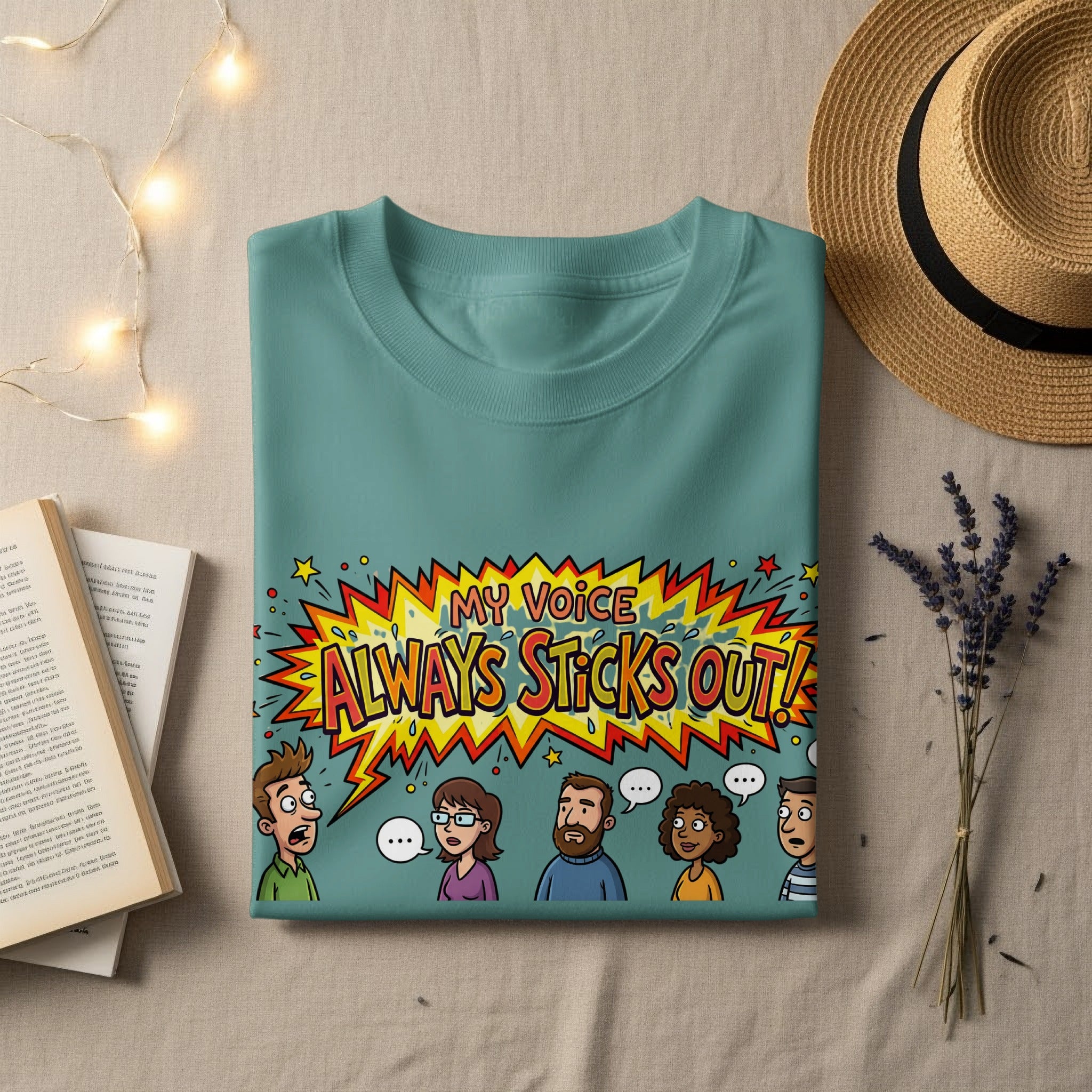 Teal t-shirt with "MY VOICE ALWAYS STICKS OUT!" text and cartoon characters.