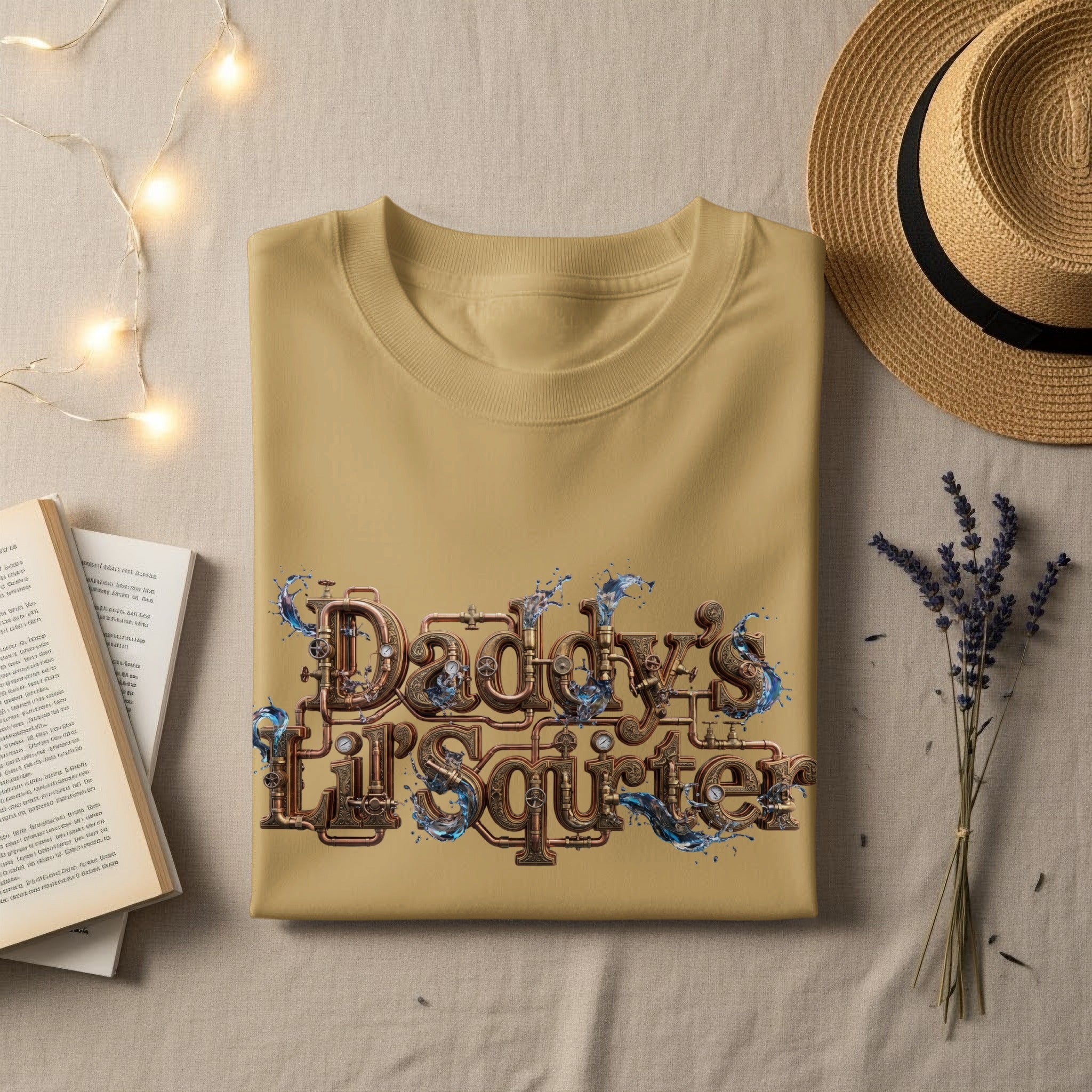 Light tan t-shirt with "Daddy's Ty Squirt" text and steampunk-style graphics.