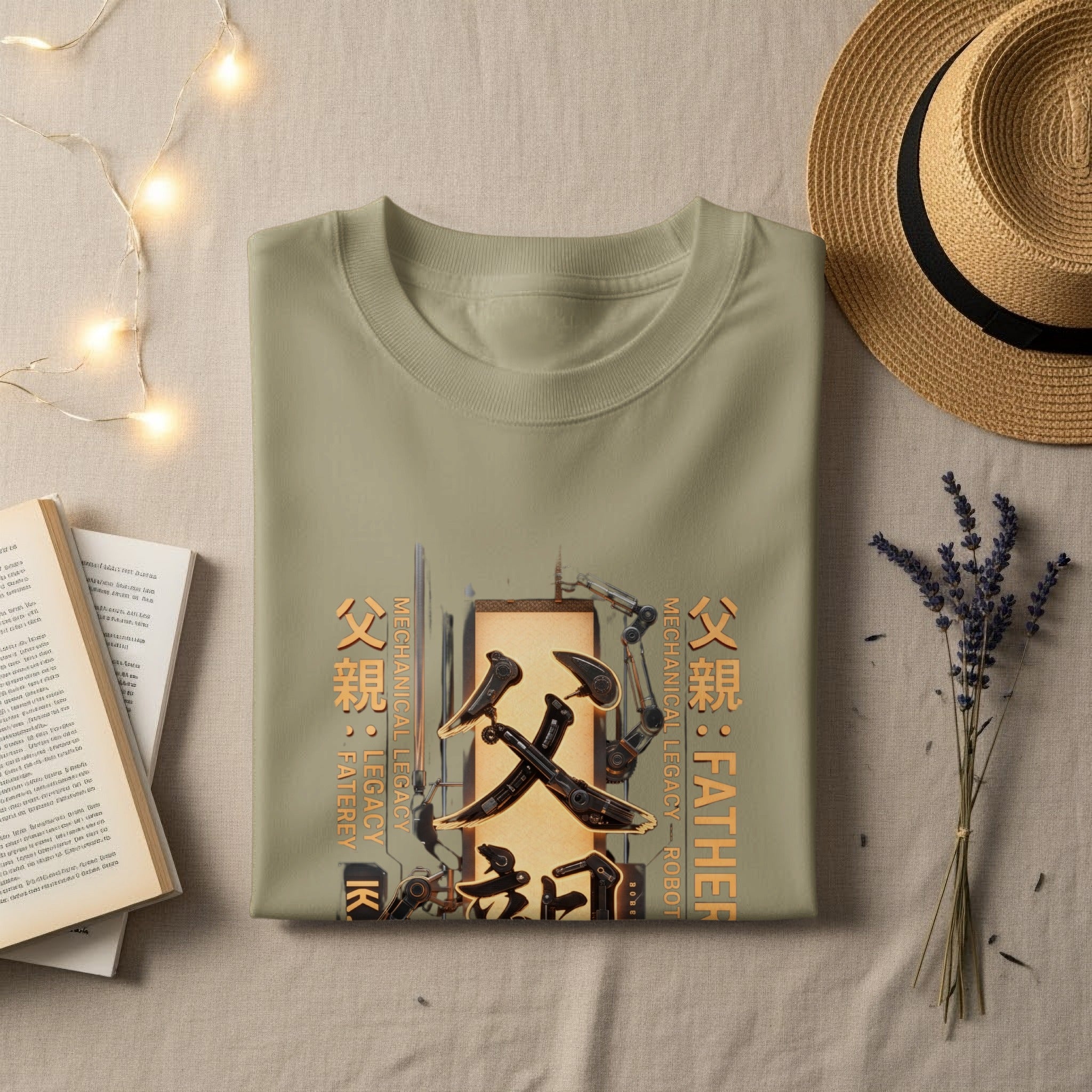 T-shirt with Japanese calligraphy and "Father Mechanical Legacy Robot" text.