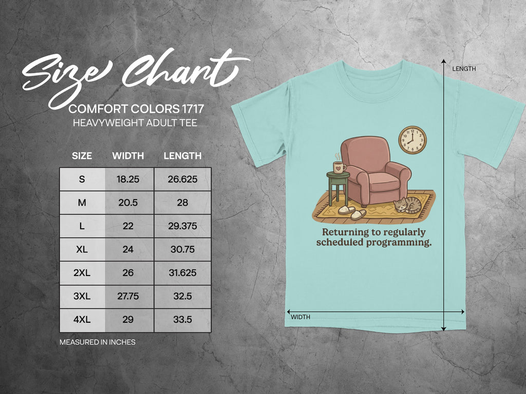Comfort Colors 1717 heavyweight adult tee size chart with measurements.