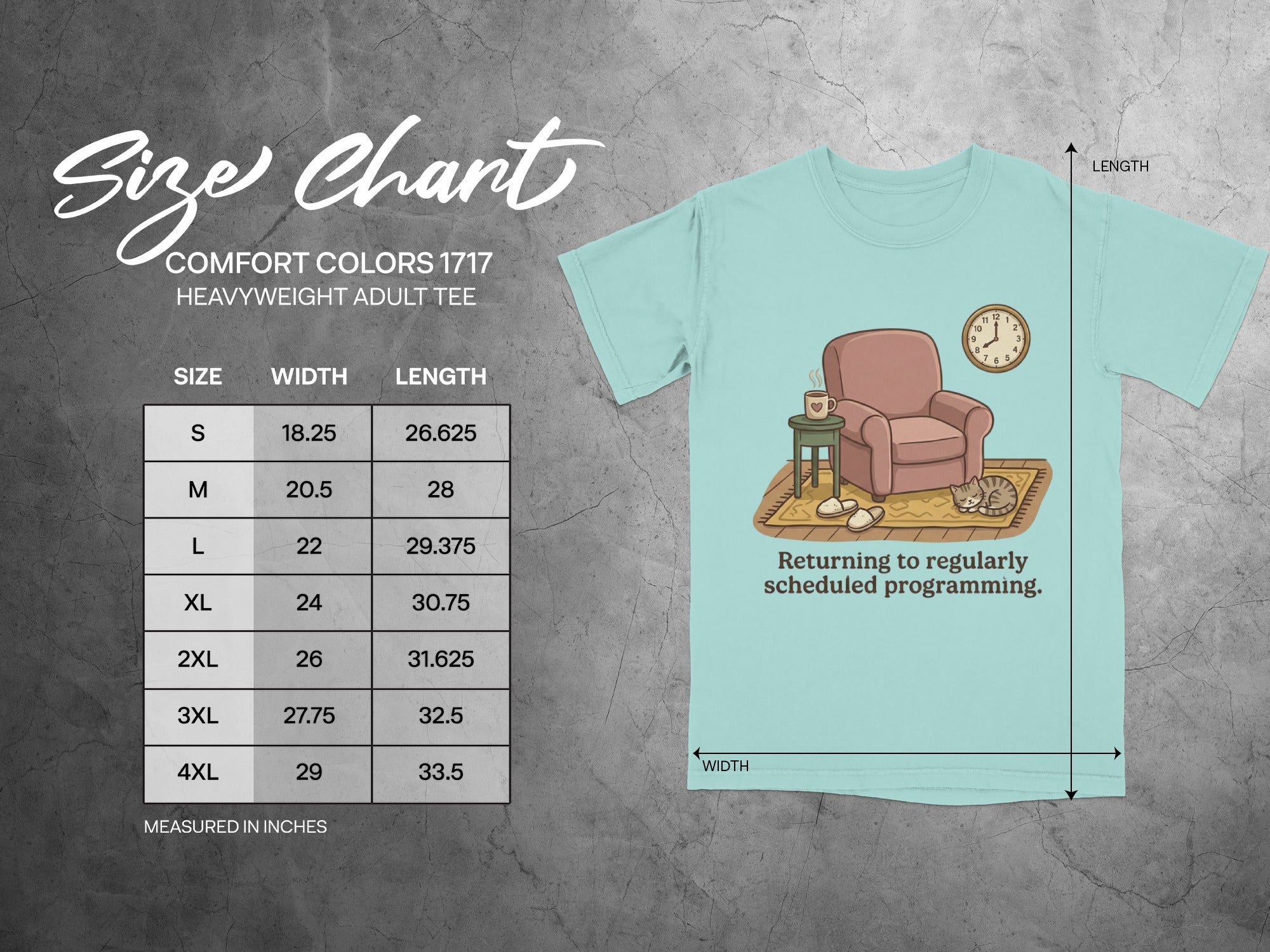 Comfort Colors 1717 heavyweight adult tee size chart with measurements.