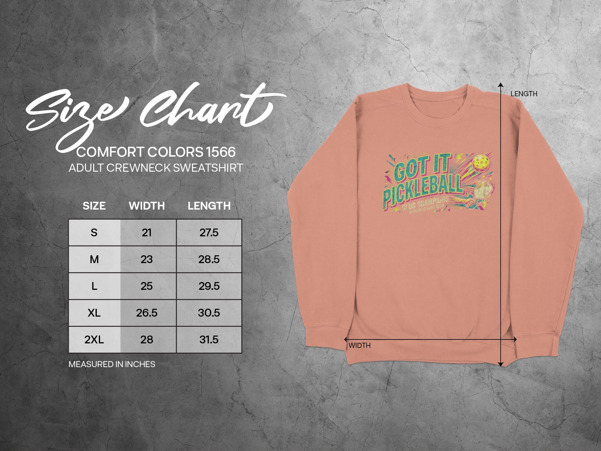 Crewneck sweatshirt size chart with chest and length measurements for S-2XL.
