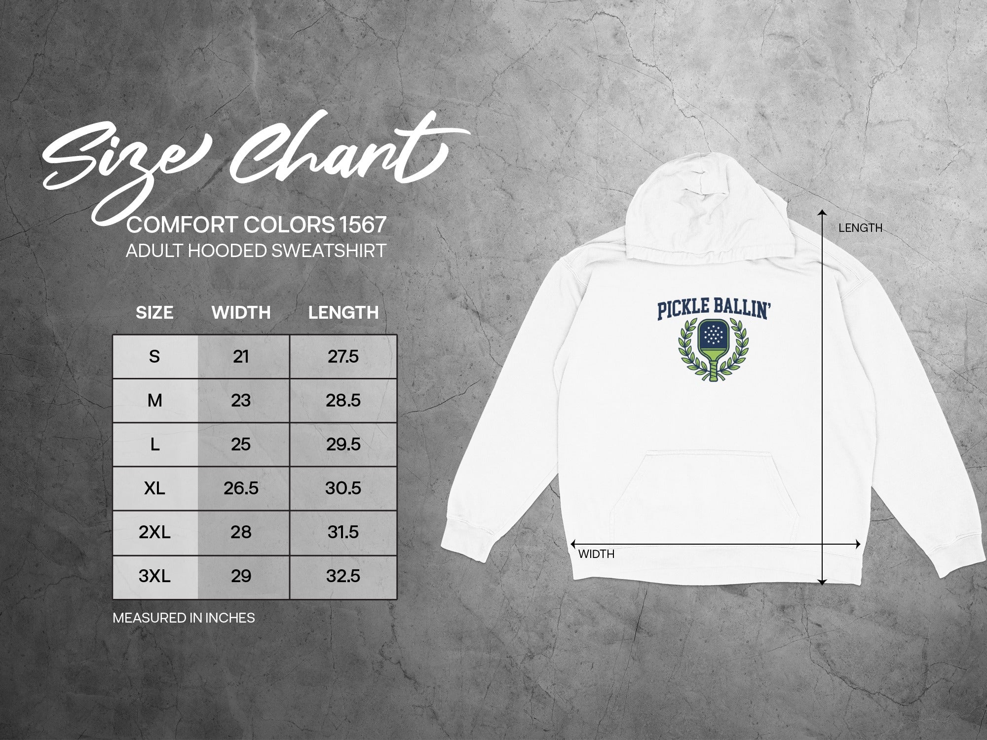 Size chart for Comfort Colors 1567 adult hooded sweatshirt with measurements in inches.