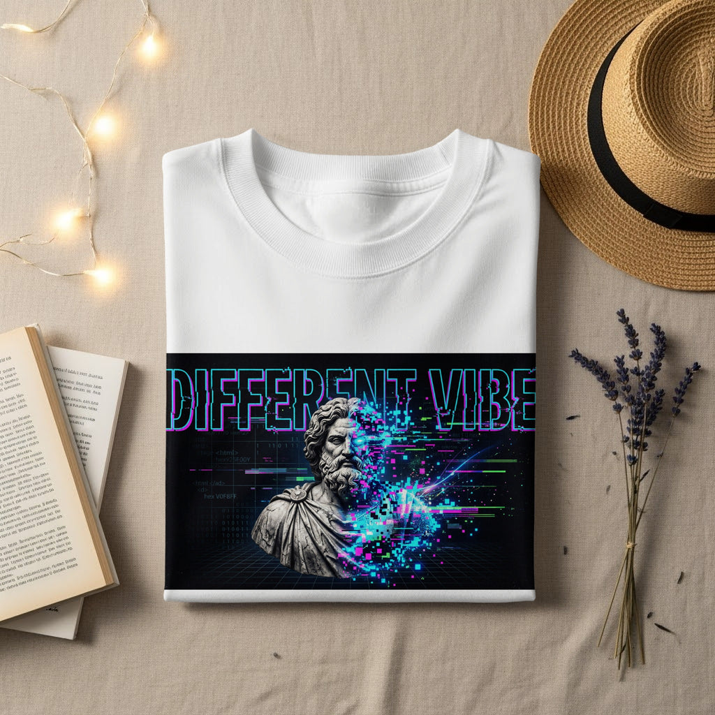 White t-shirt with "DIFFERENT VIBE" and bust of ancient man with digital glitch.