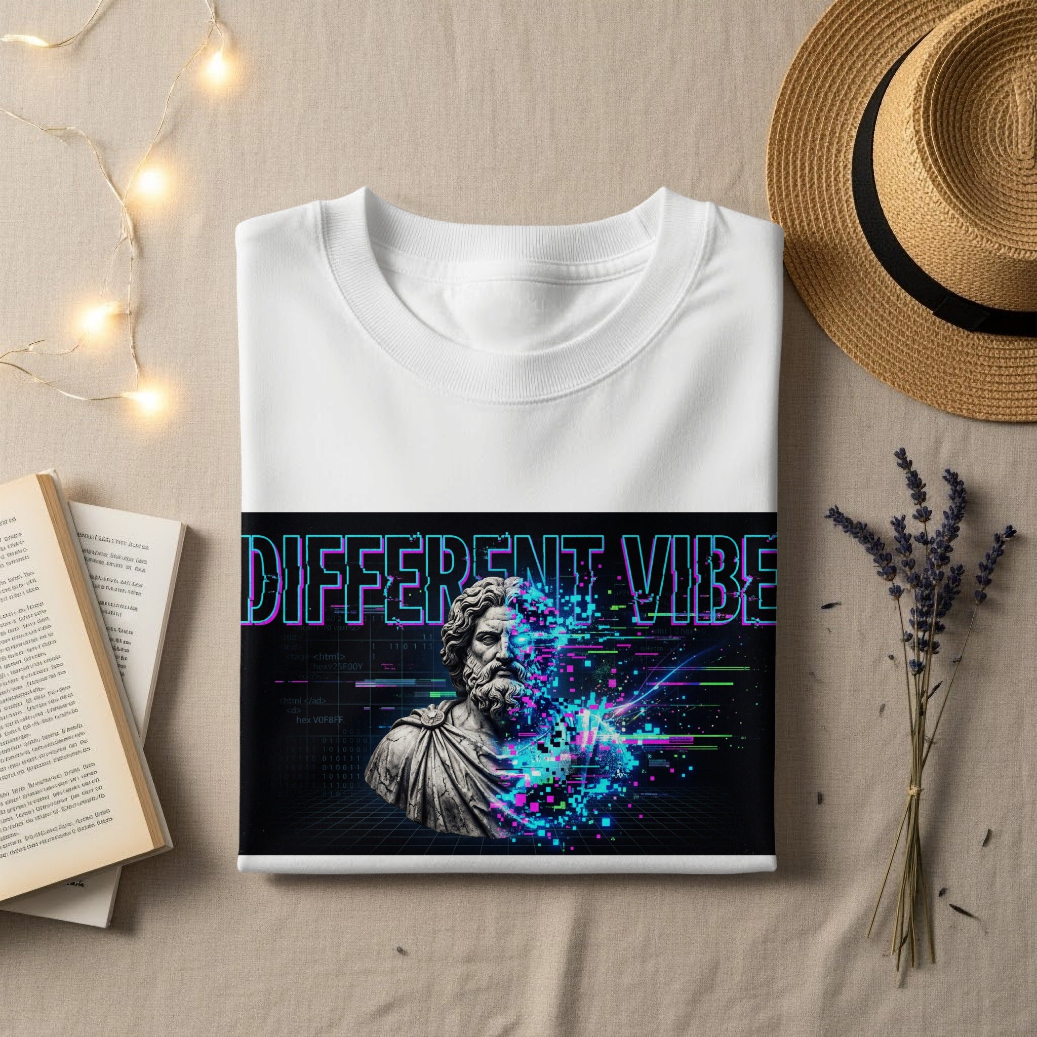 White t-shirt with "DIFFERENT VIBE" and bust of ancient man with digital glitch.