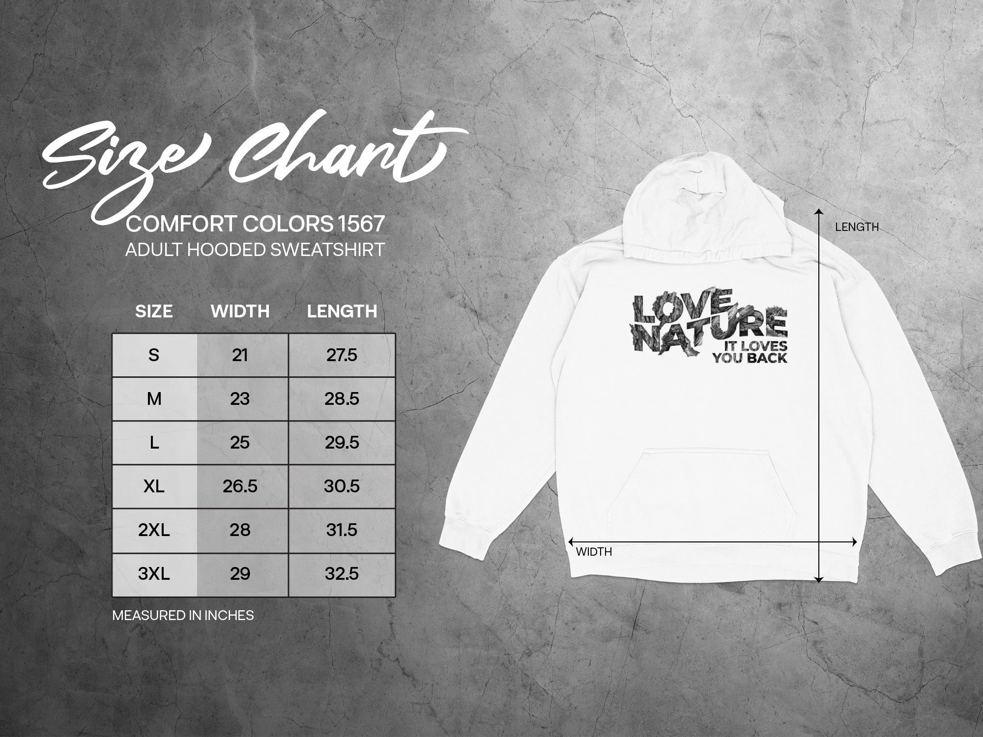 Comfort Colors 1567 adult hooded sweatshirt size chart.