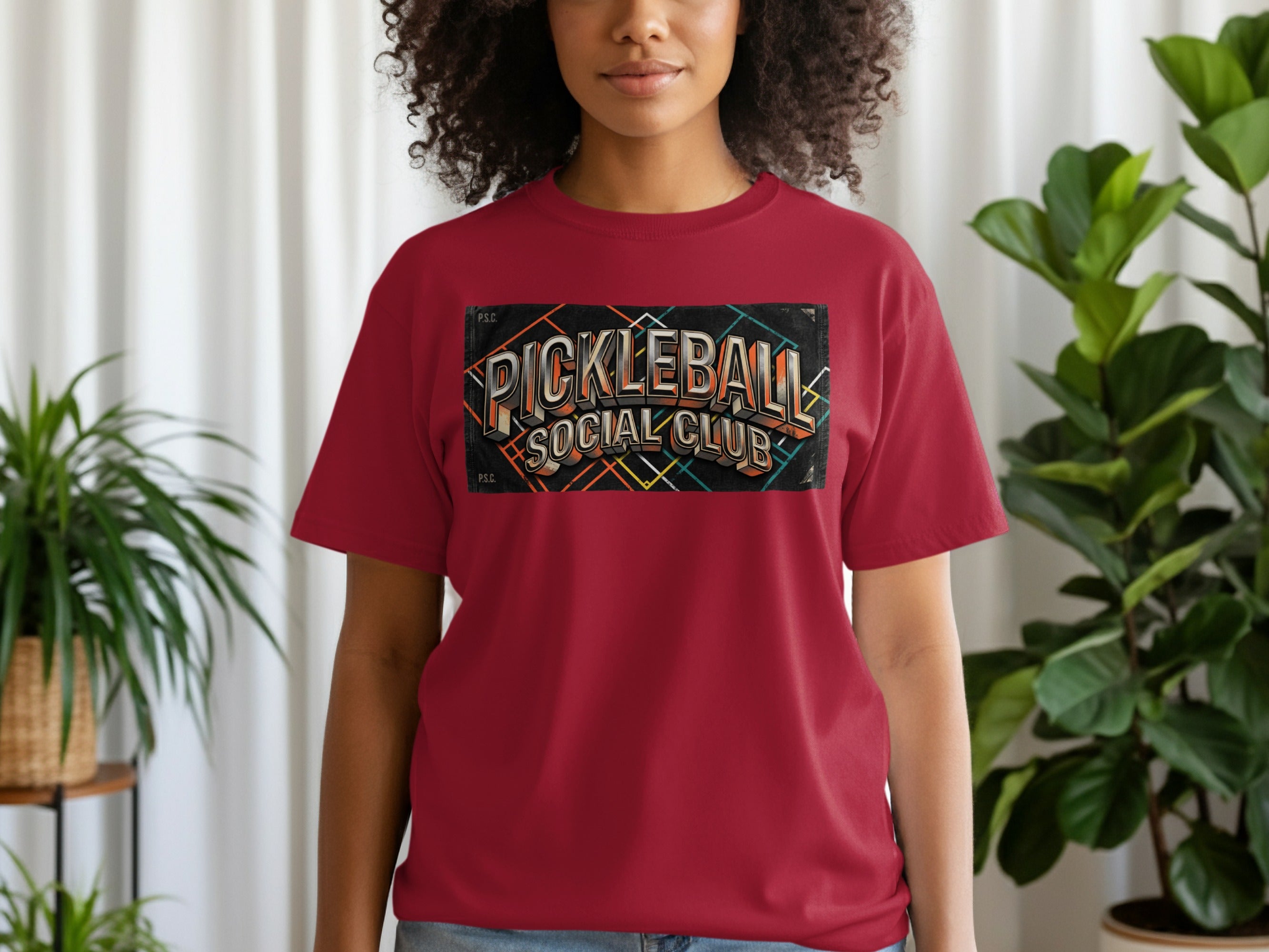 Maroon t-shirt with a "Pickleball Social Club" vintage-style graphic logo.