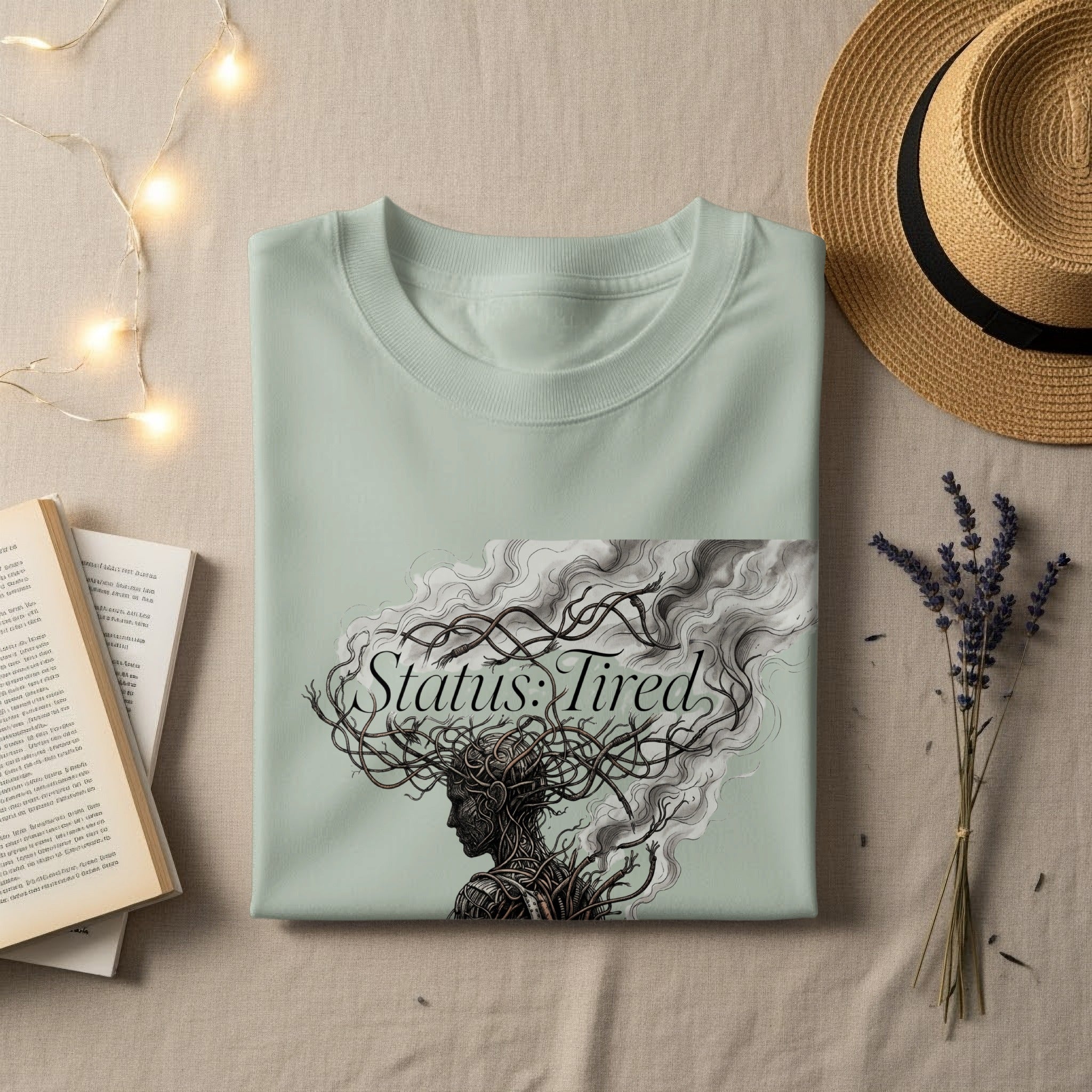 Light mint t-shirt with "Status: Tired" text and an abstract head graphic.