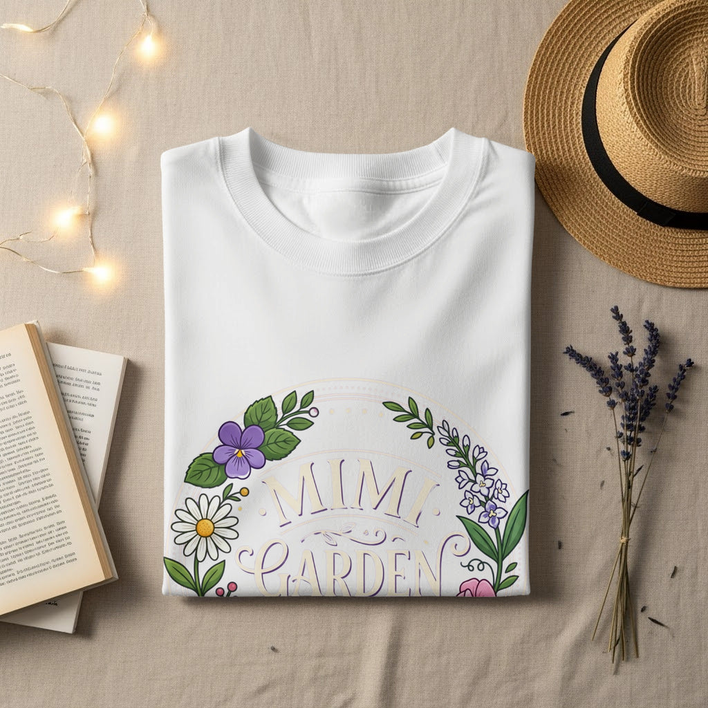 White t-shirt with floral "Mimi's Garden" graphic, laid flat with a hat and book.