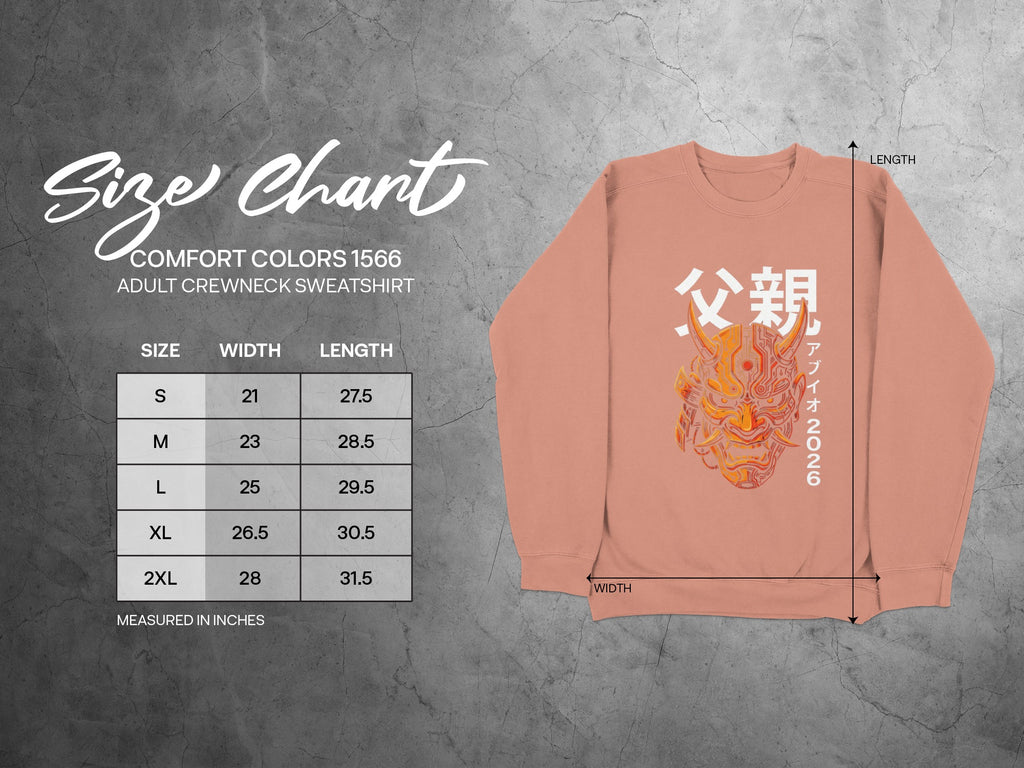 Adult crewneck sweatshirt size chart with measurements and Japanese text design.