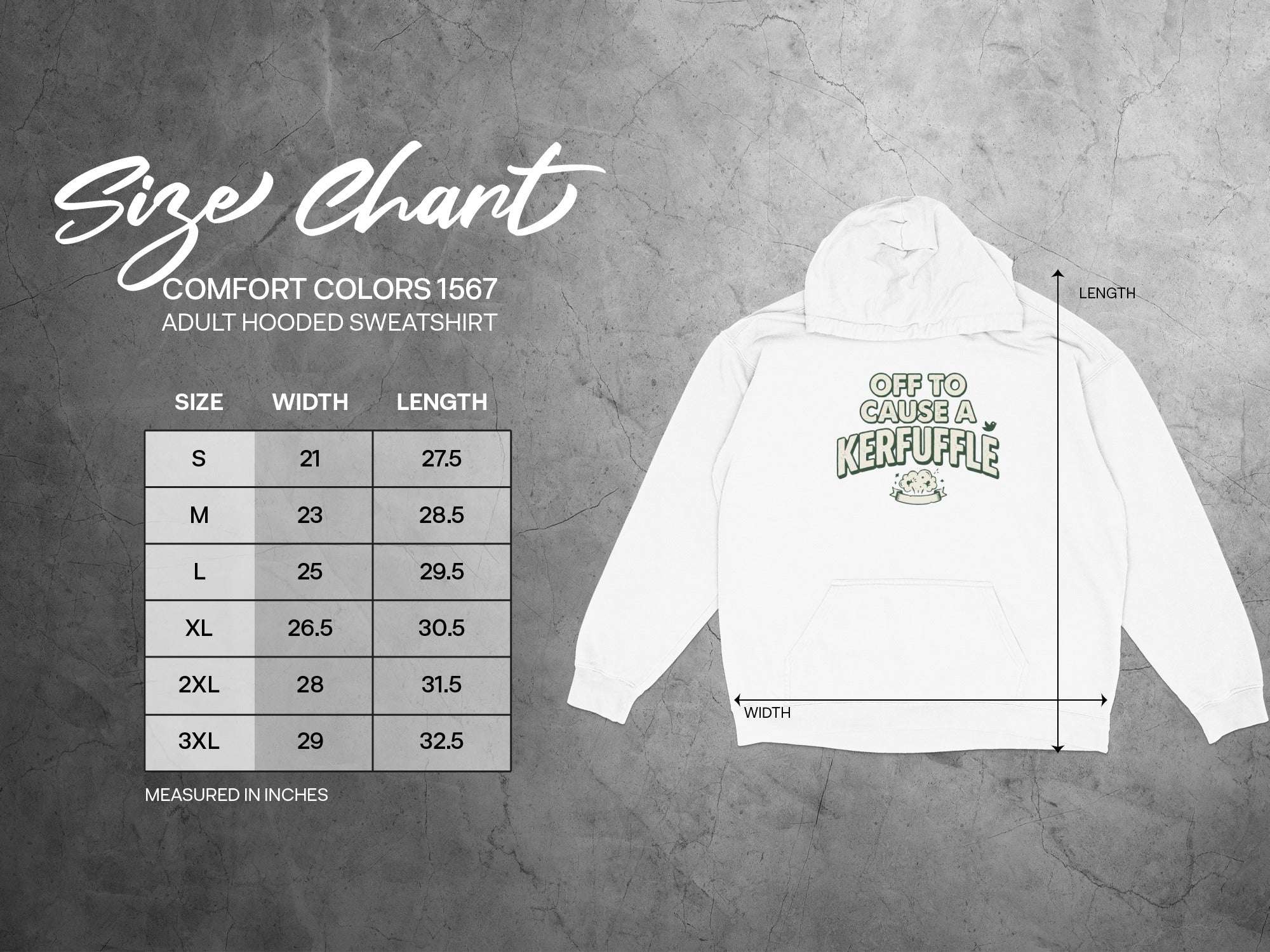 Comfort Colors 1567 adult hooded sweatshirt size chart with measurements.