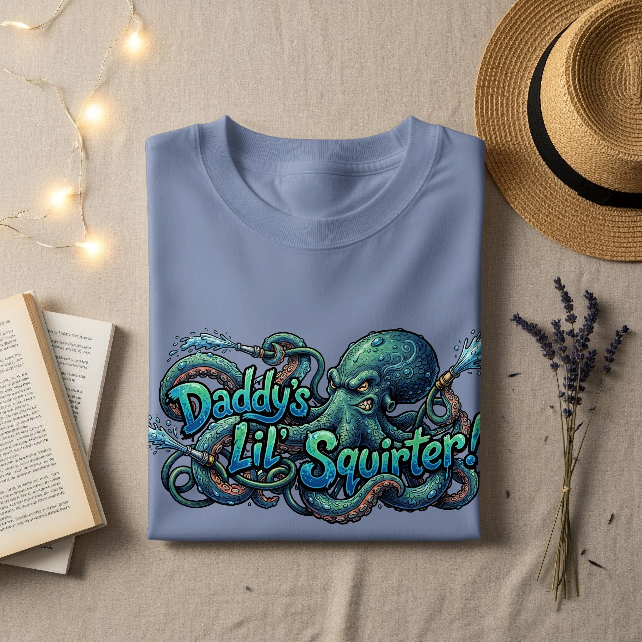 Blue t-shirt with green cartoon octopus spraying water, text "Daddy's Lil Squirter!"