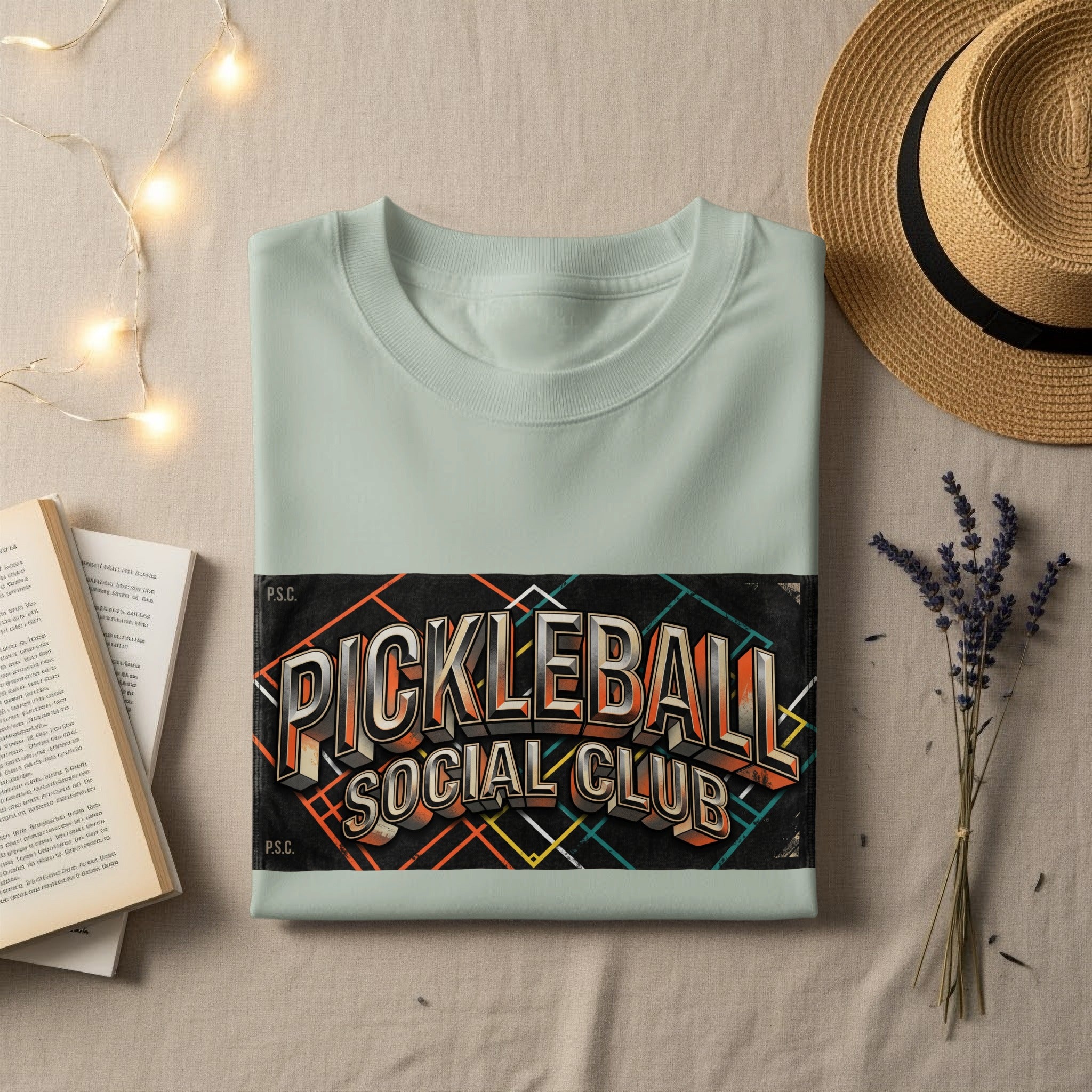 Light blue t-shirt with "Pickleball Social Club" graphic.